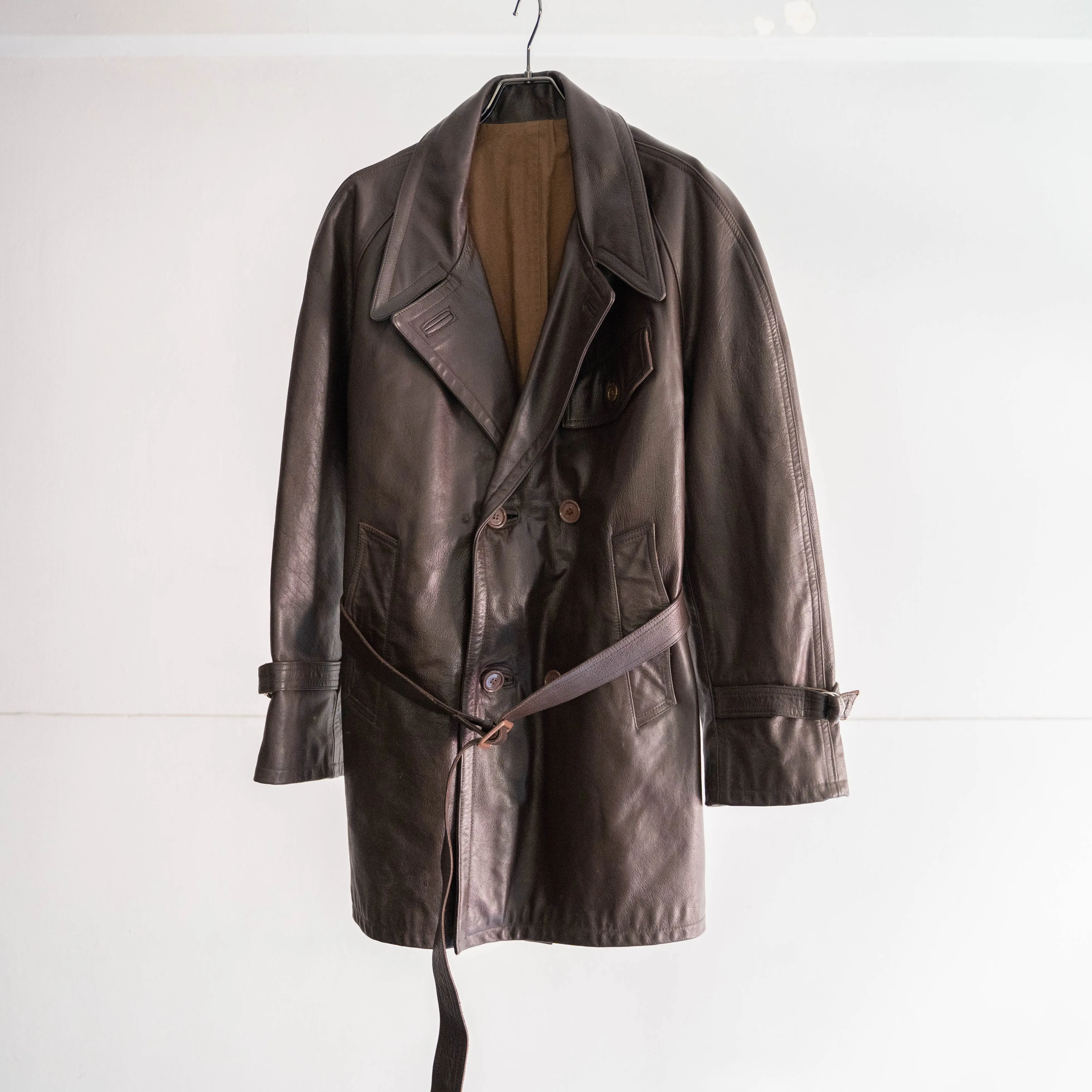 1960-70s Frence aviator style brown double breasted leather coat 'dead stock'