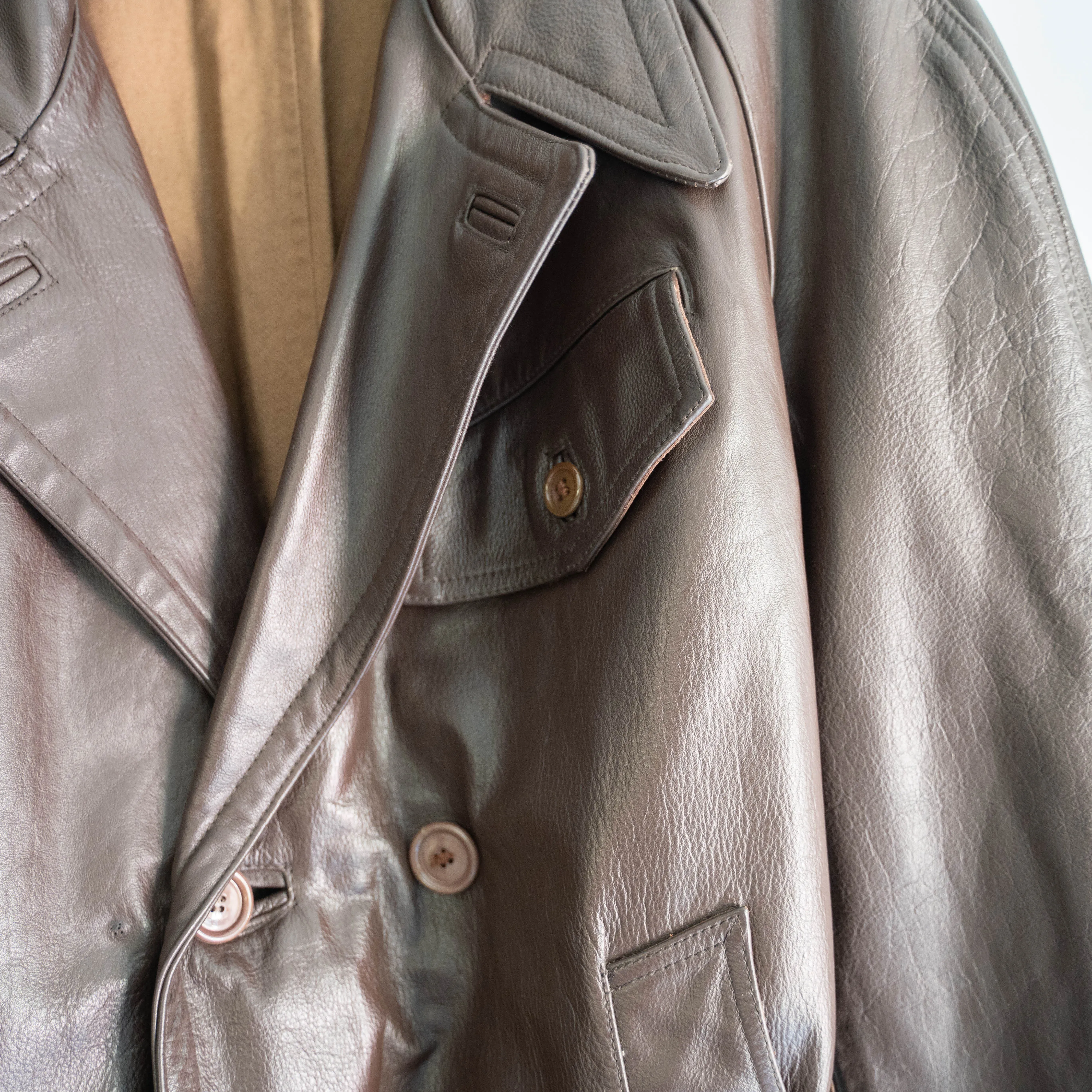1960-70s Frence aviator style brown double breasted leather coat 'dead stock'
