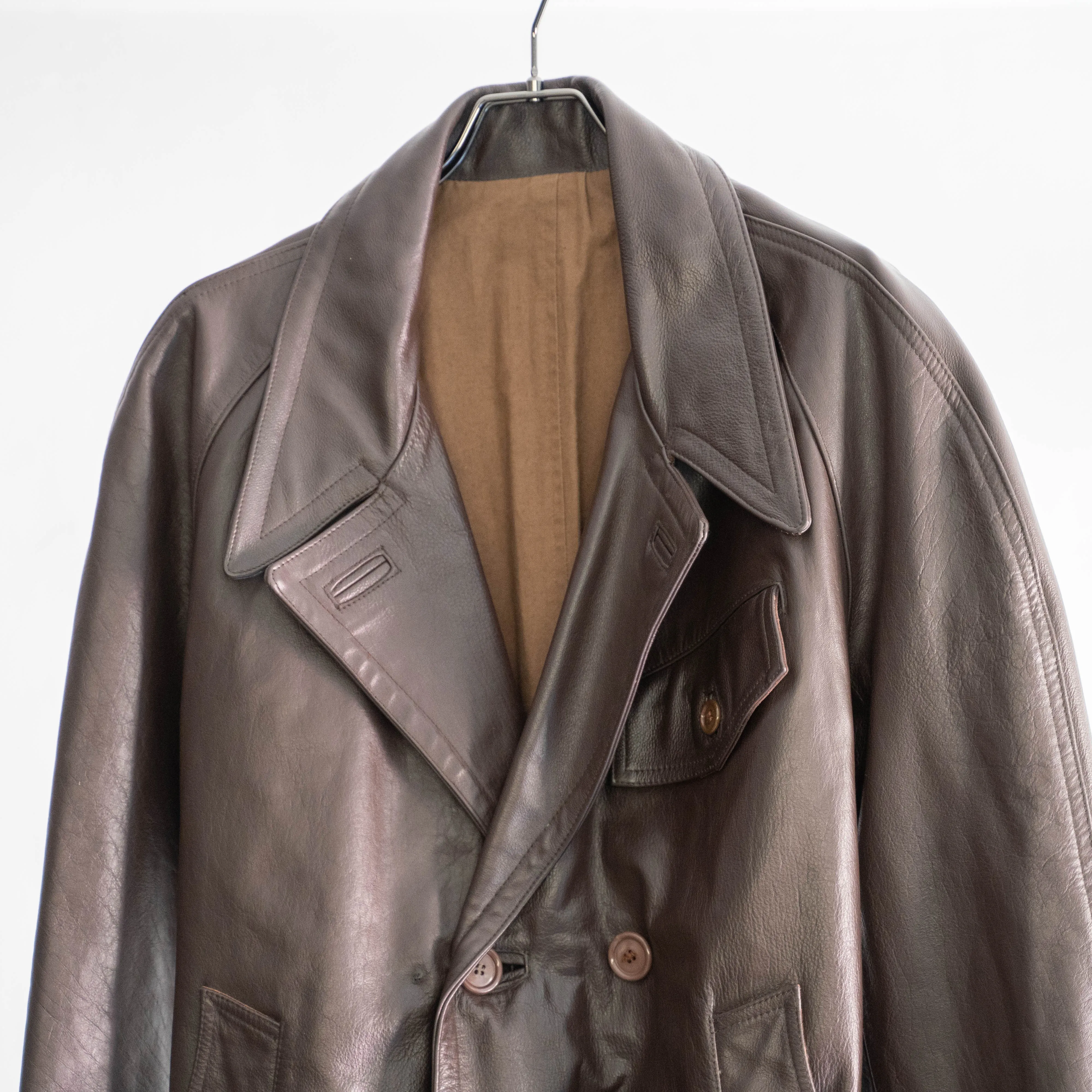 1960-70s Frence aviator style brown double breasted leather coat 'dead stock'