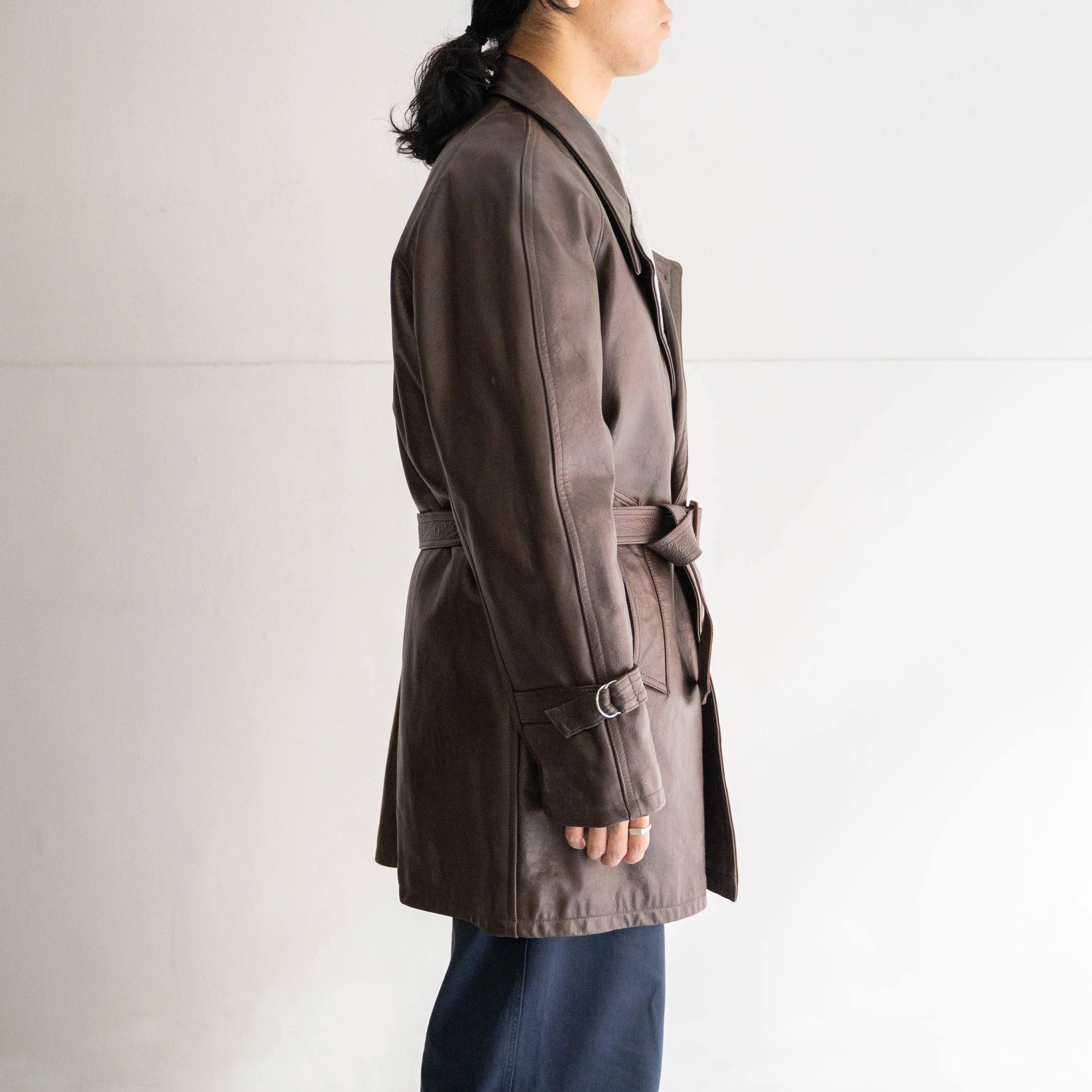 1960-70s Frence aviator style brown double breasted leather coat 'dead stock'