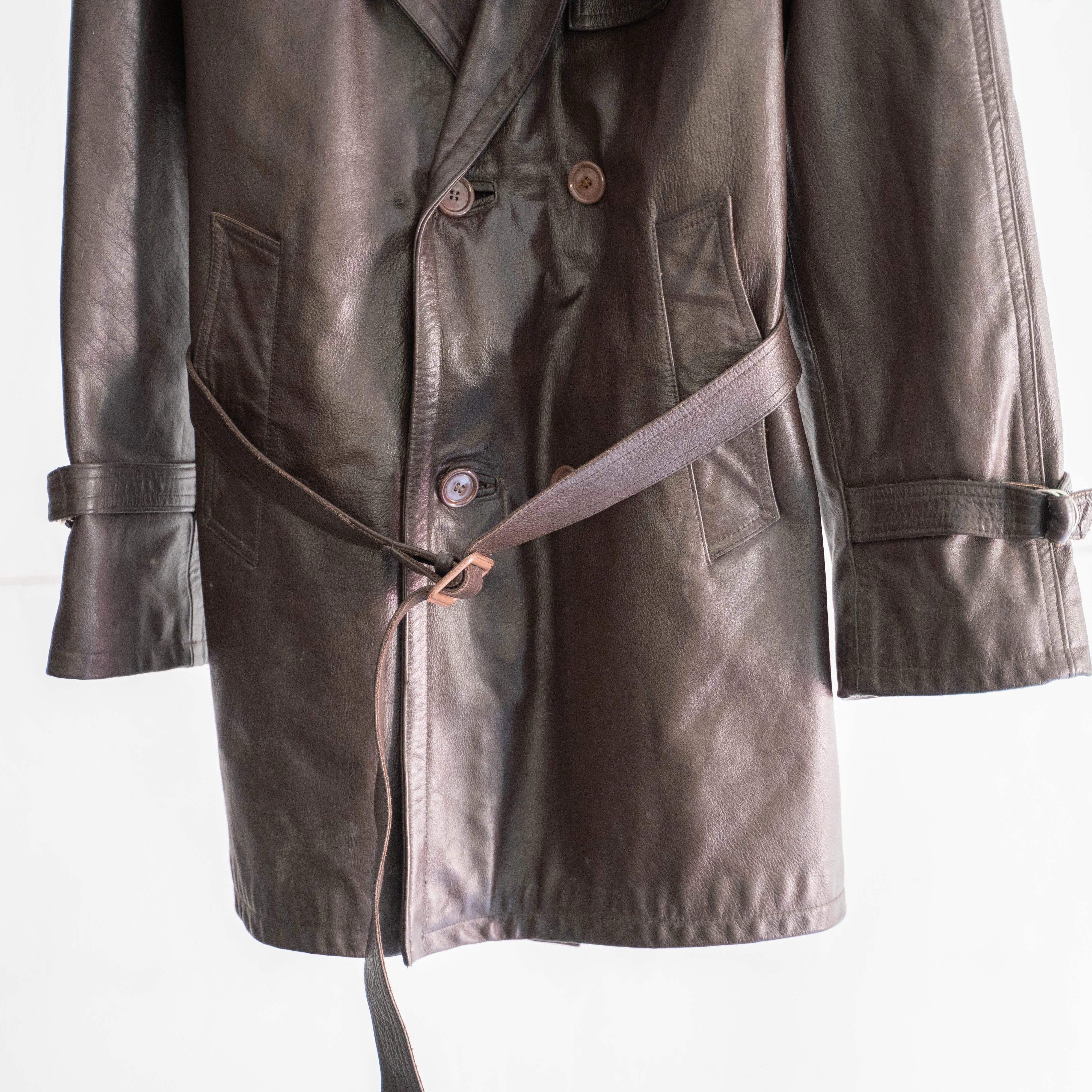 1960-70s Frence aviator style brown double breasted leather coat 'dead stock'