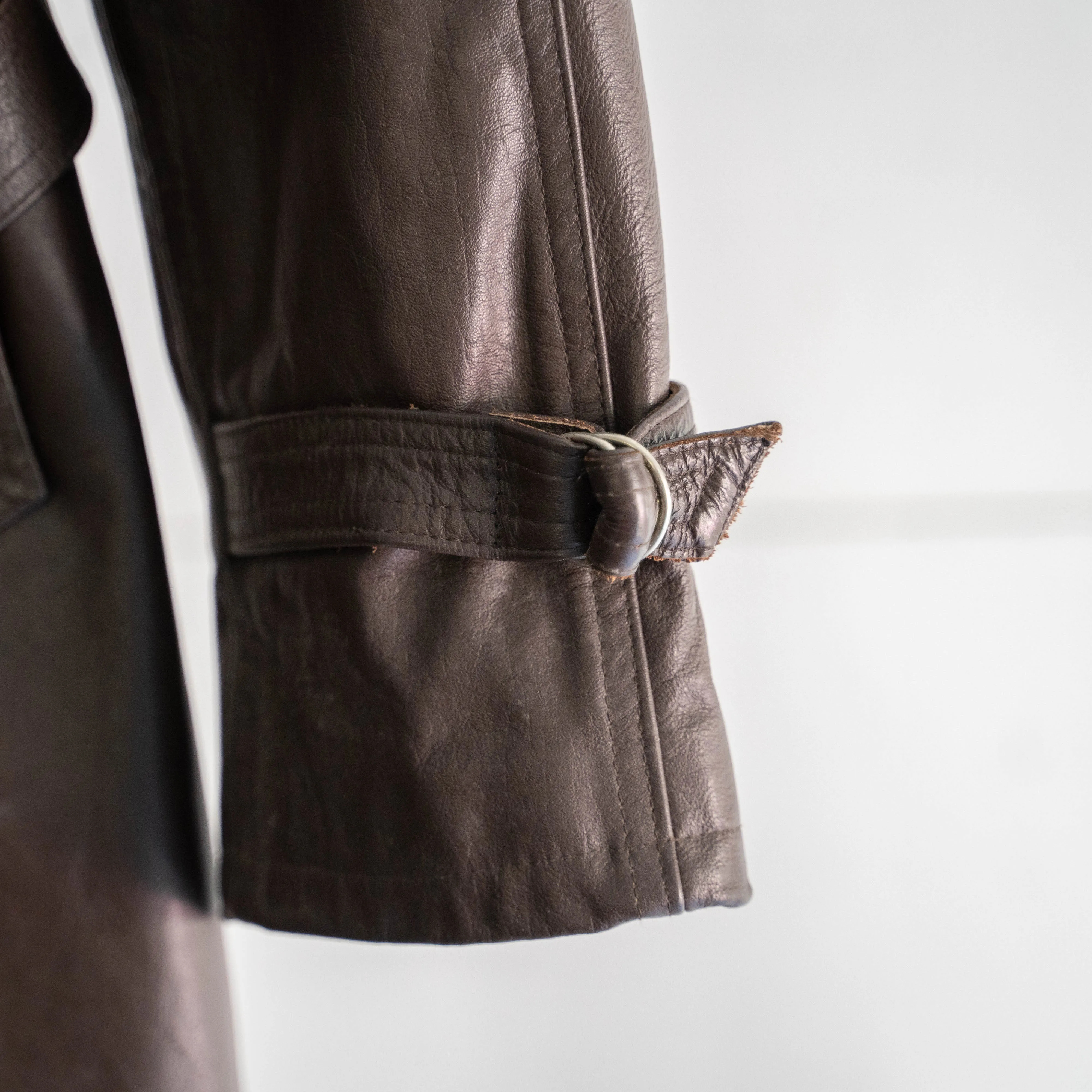 1960-70s Frence aviator style brown double breasted leather coat 'dead stock'