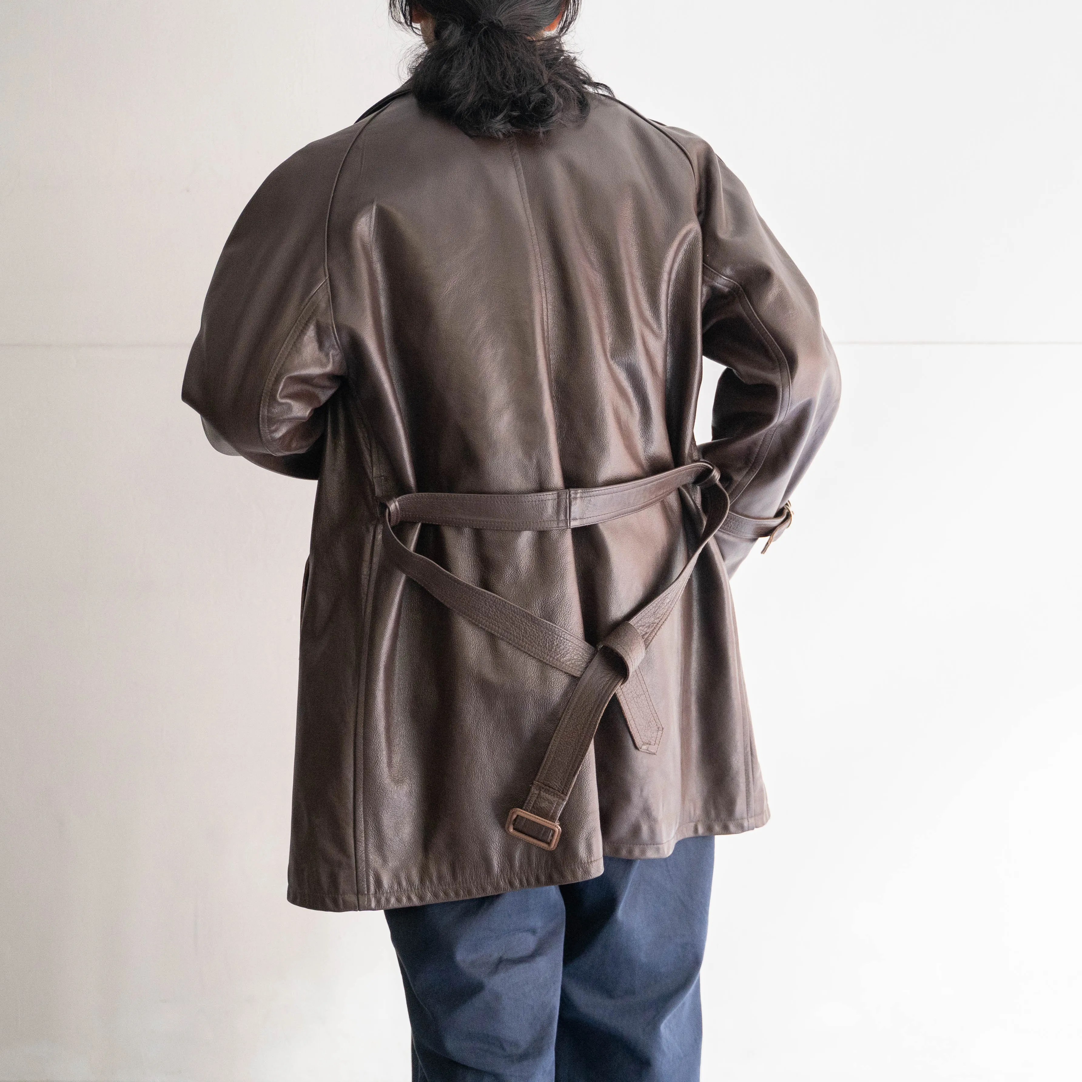 1960-70s Frence aviator style brown double breasted leather coat 'dead stock'