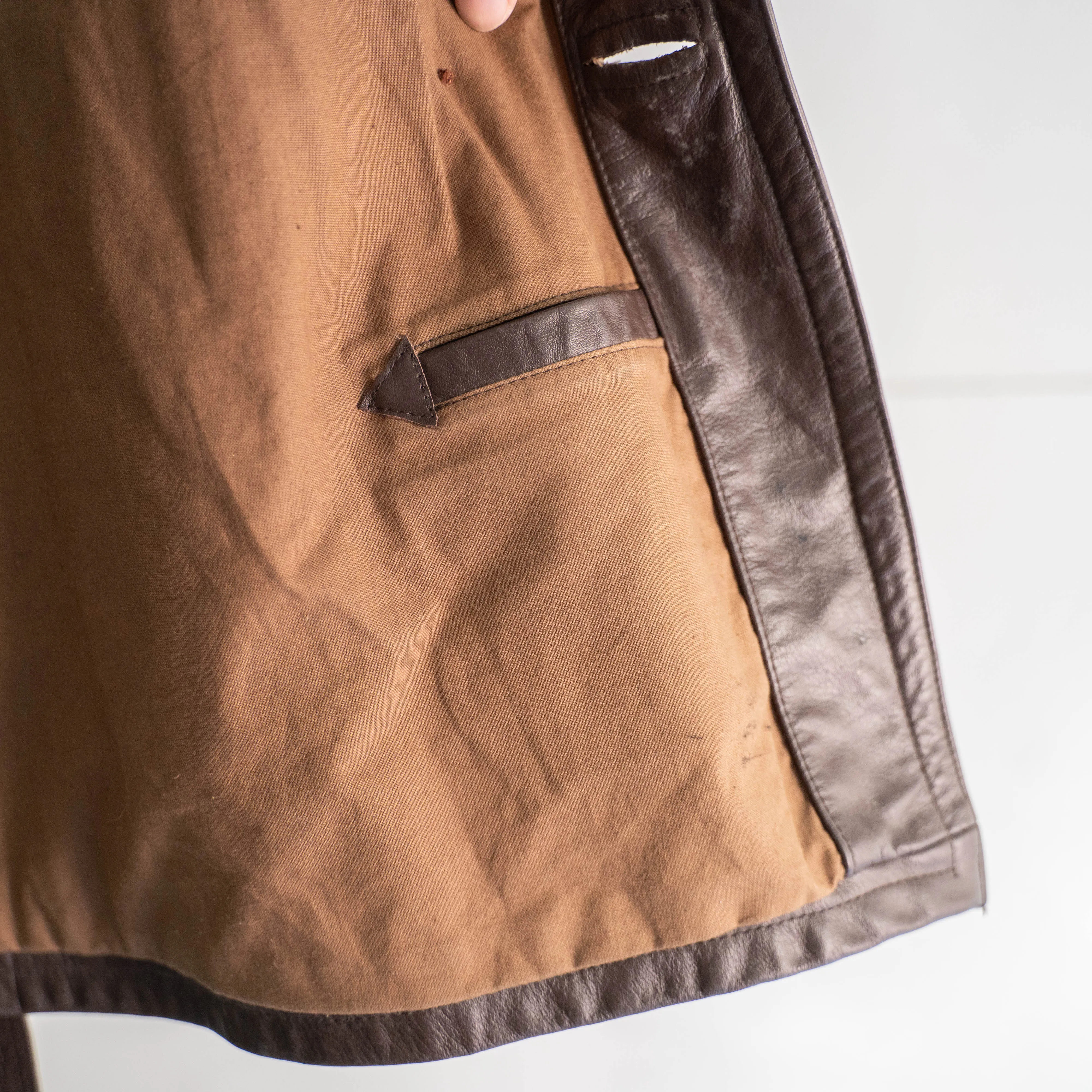 1960-70s Frence aviator style brown double breasted leather coat 'dead stock'