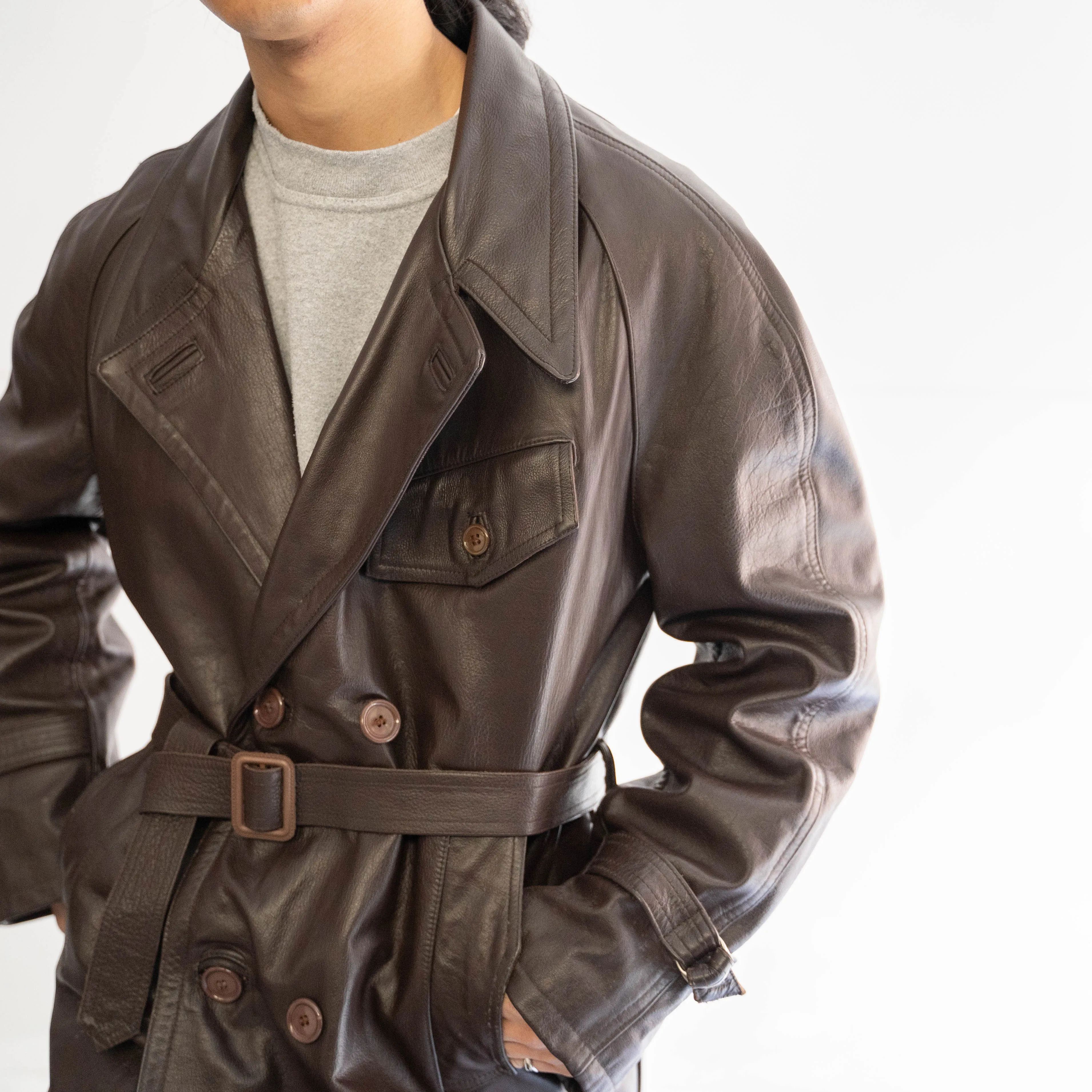 1960-70s Frence aviator style brown double breasted leather coat 'dead stock'