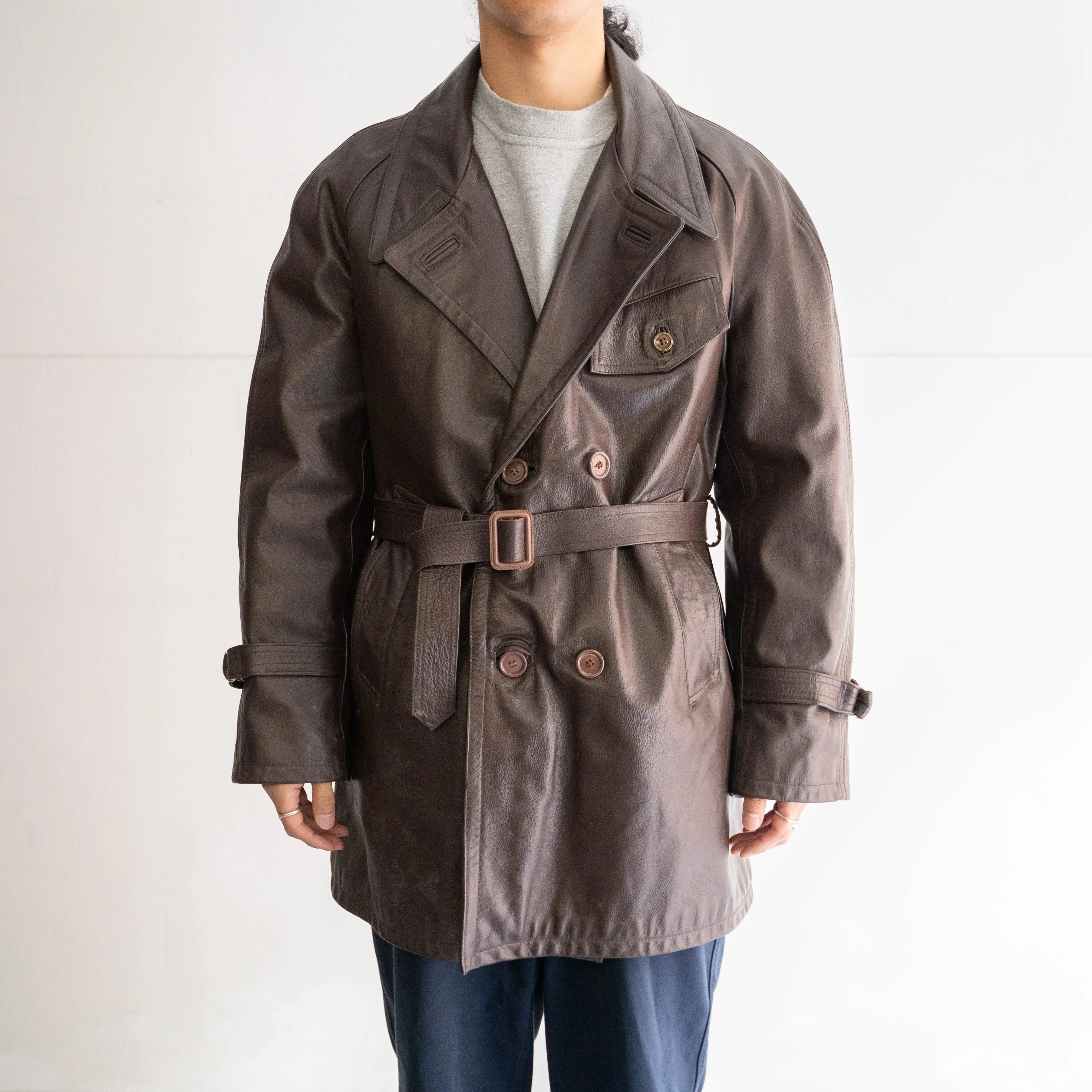 1960-70s Frence aviator style brown double breasted leather coat 'dead stock'