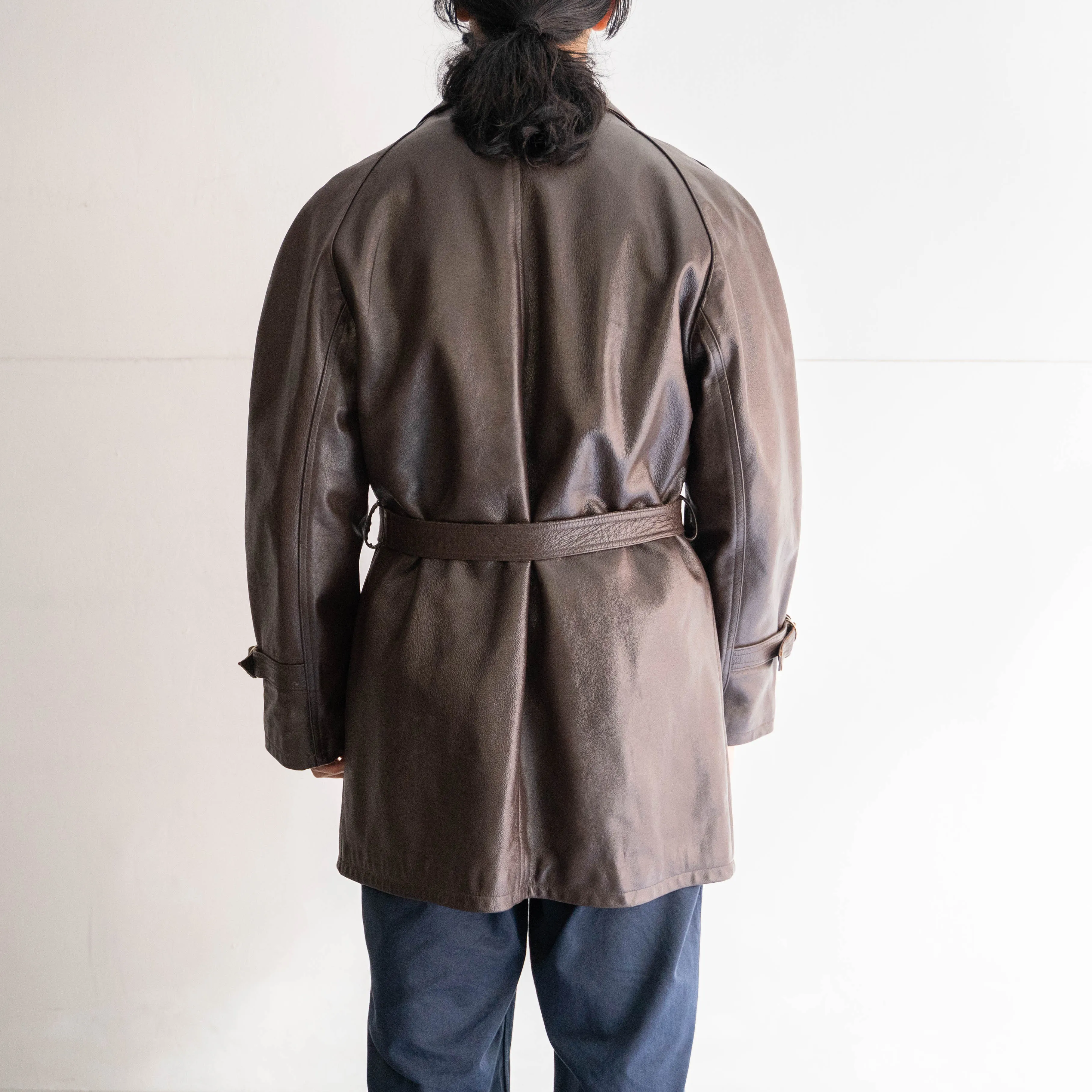 1960-70s Frence aviator style brown double breasted leather coat 'dead stock'
