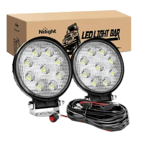 4.5 Inch 27W Round Flood LED Light Pods Kit (Pair) | 12FT Wire