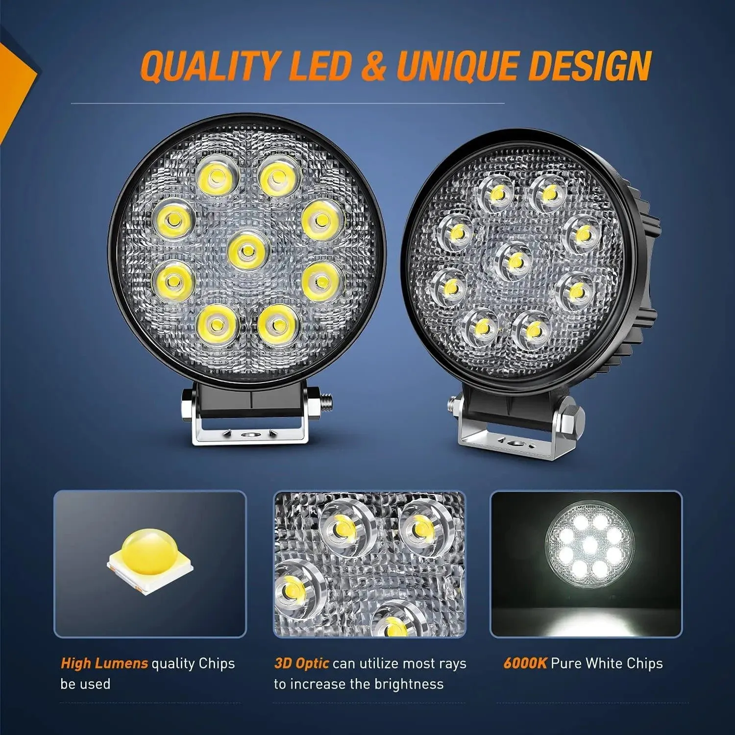 4.5 Inch 27W Round Flood LED Light Pods Kit (Pair) | 12FT Wire
