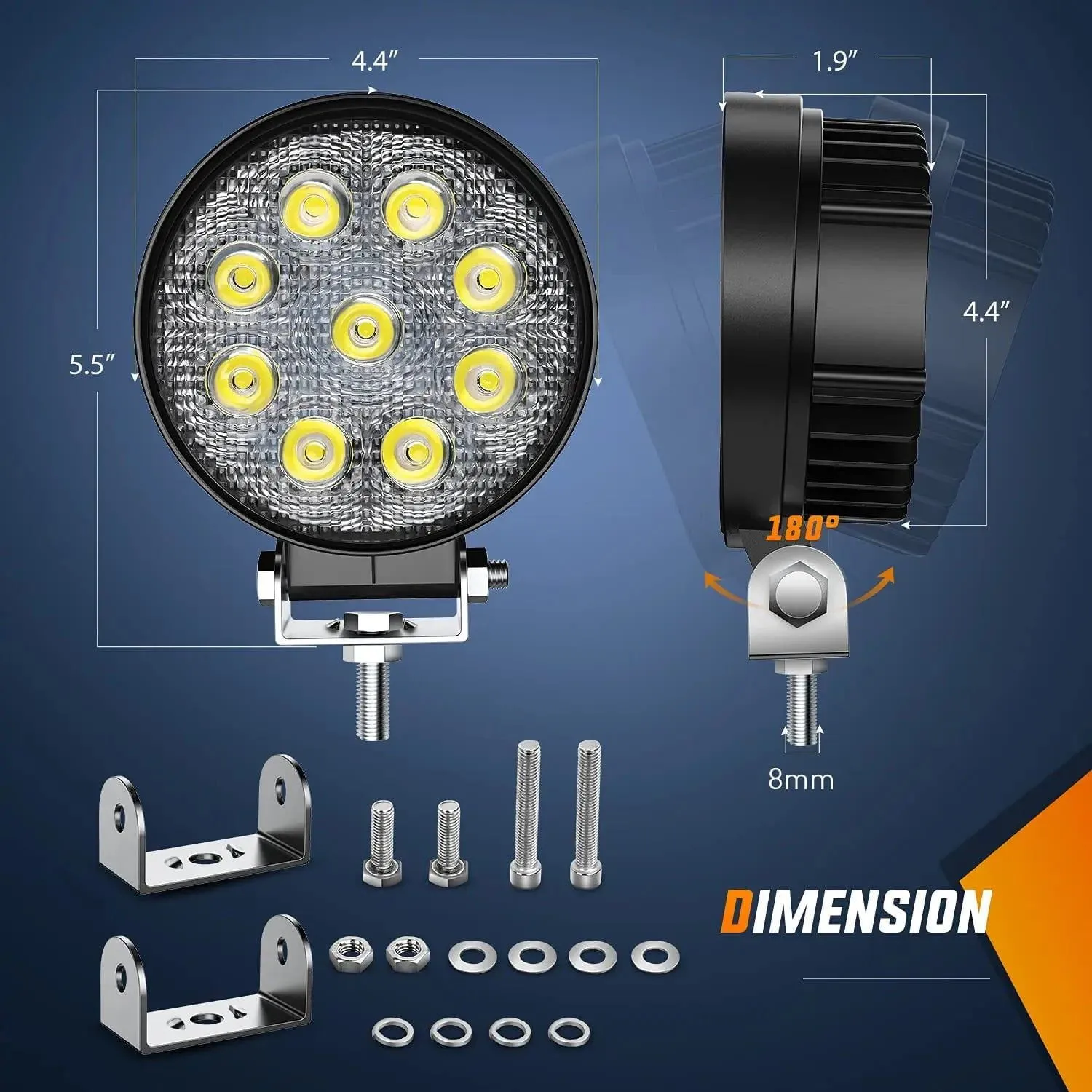 4.5 Inch 27W Round Flood LED Light Pods Kit (Pair) | 12FT Wire