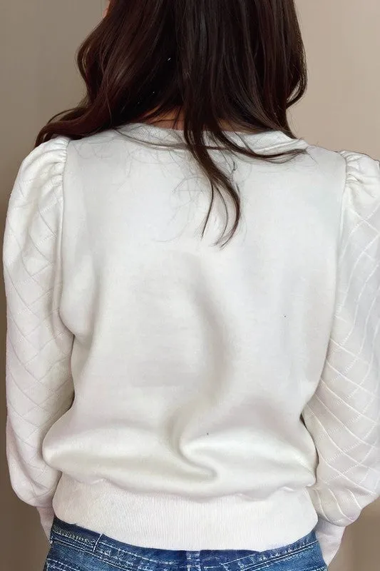 All We Need - Checked Puff Sleeve Round Neck Pullover Sweatshirt