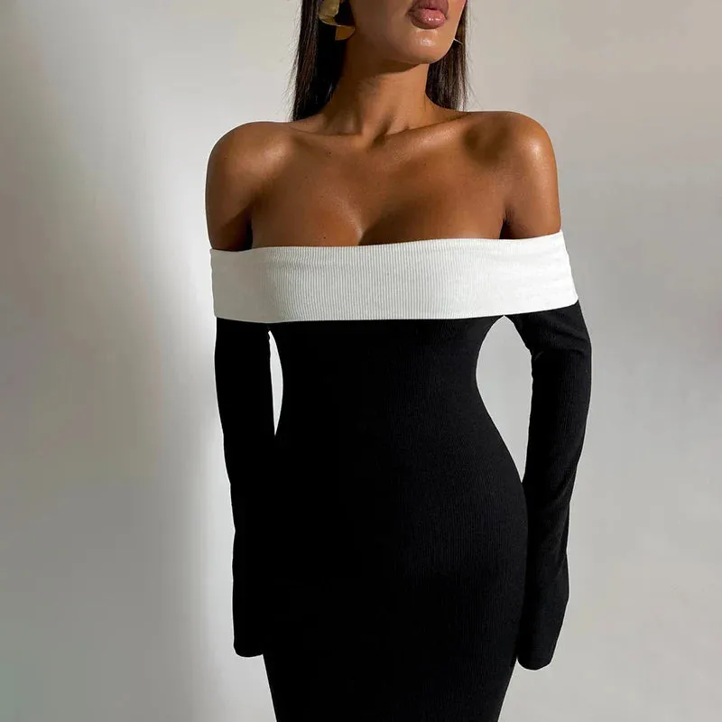 Autumn Club Slash Neck Backless Patchwork Elegant Long Sleeve High Waist Midi Party Bodycon Dress