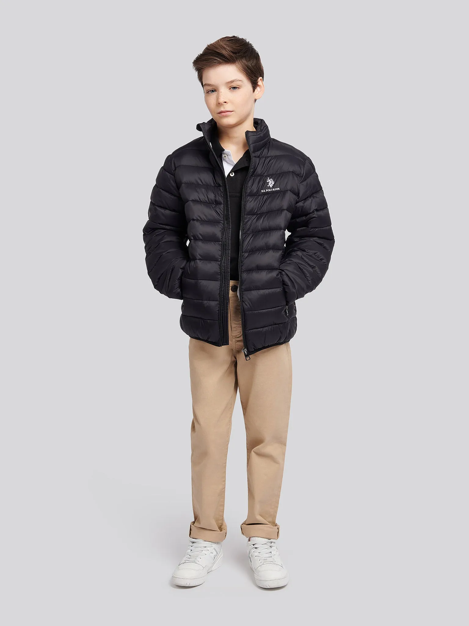 Boys Lightweight Bound Quilted Jacket in Black Bright White DHM