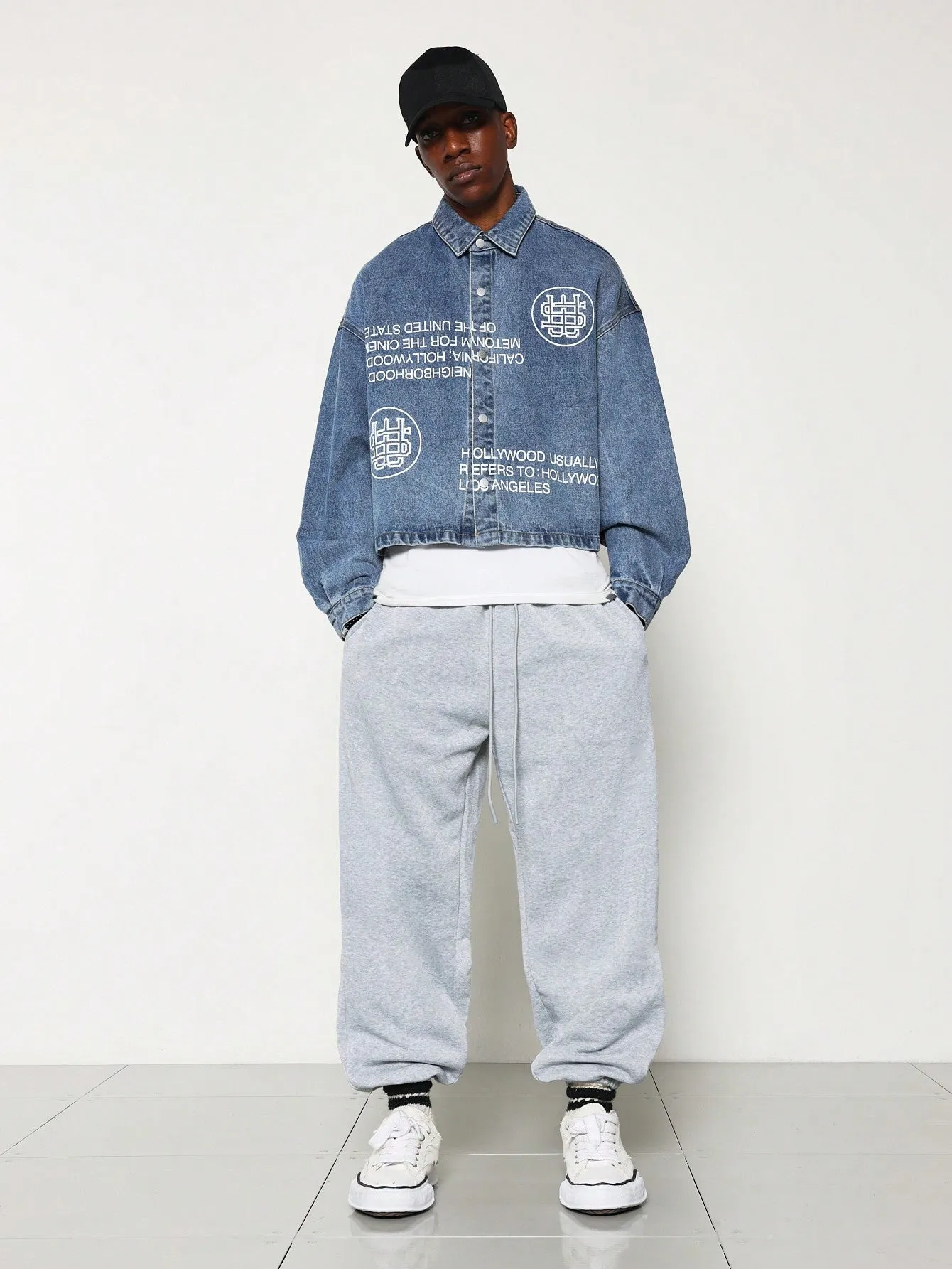 Cropped Long Sleeve Washed Denim Shirt With Graphic Print