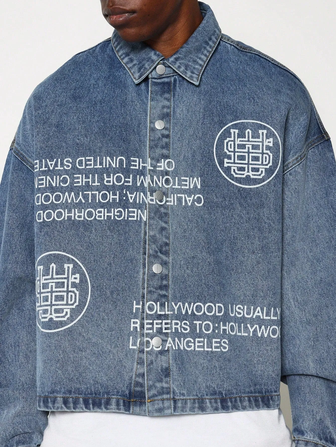 Cropped Long Sleeve Washed Denim Shirt With Graphic Print