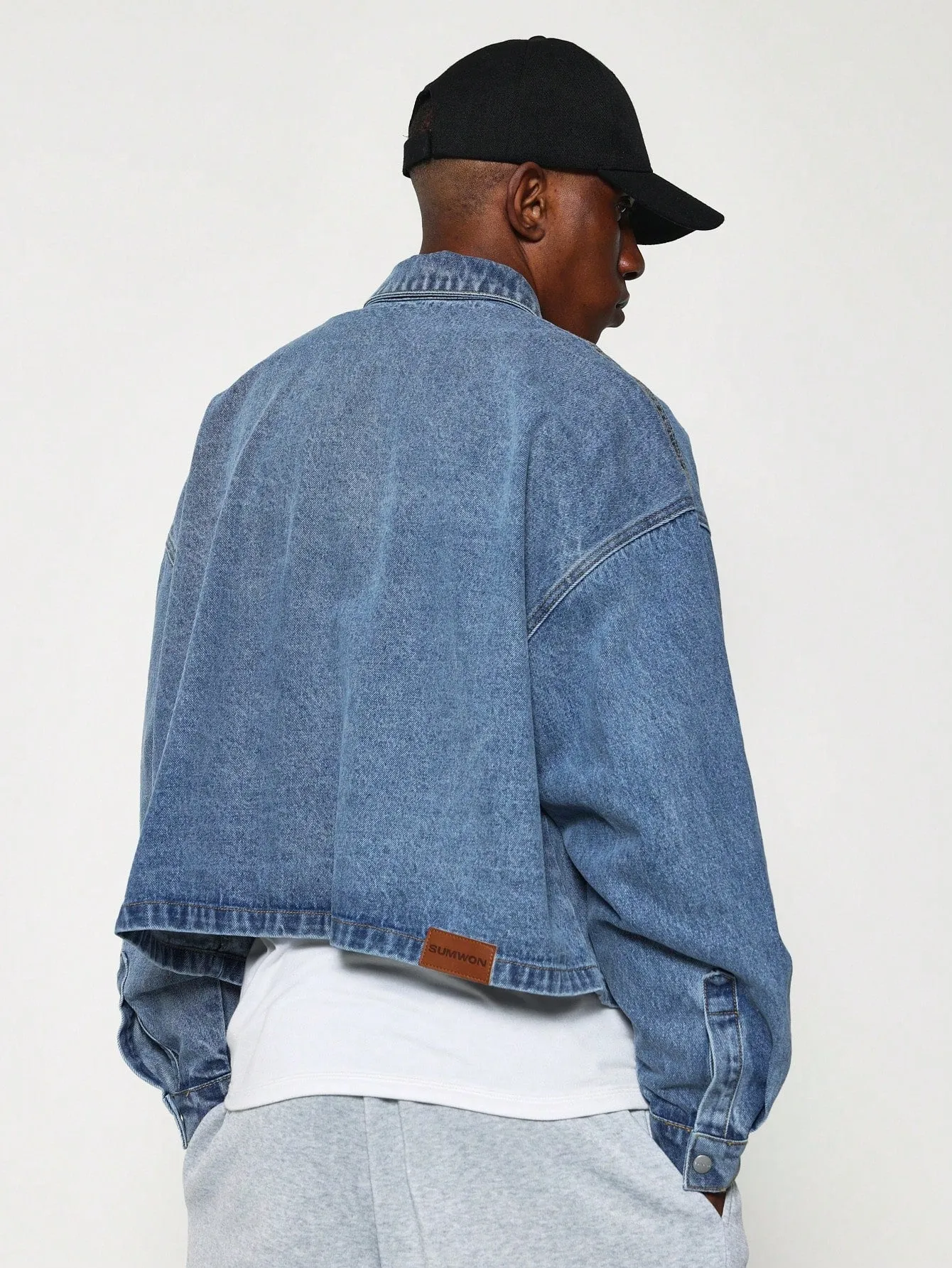 Cropped Long Sleeve Washed Denim Shirt With Graphic Print