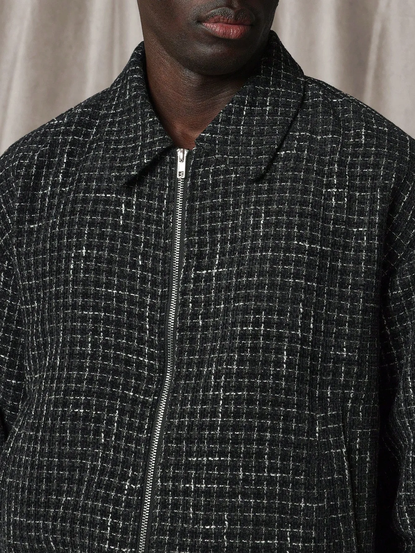 Cropped Tweed Zip-Up Harrington Jacket