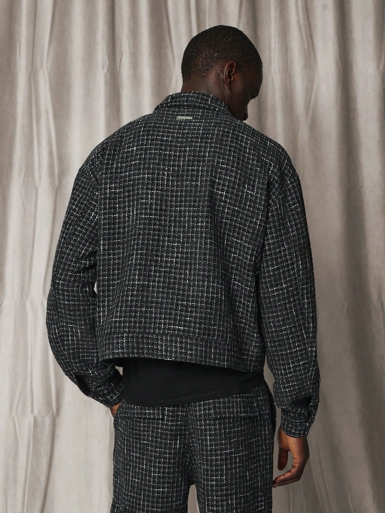 Cropped Tweed Zip-Up Harrington Jacket