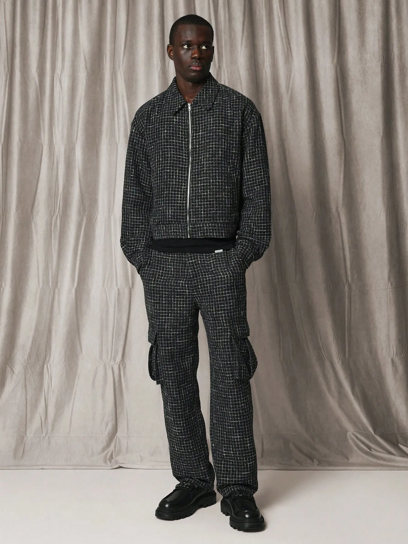 Cropped Tweed Zip-Up Harrington Jacket