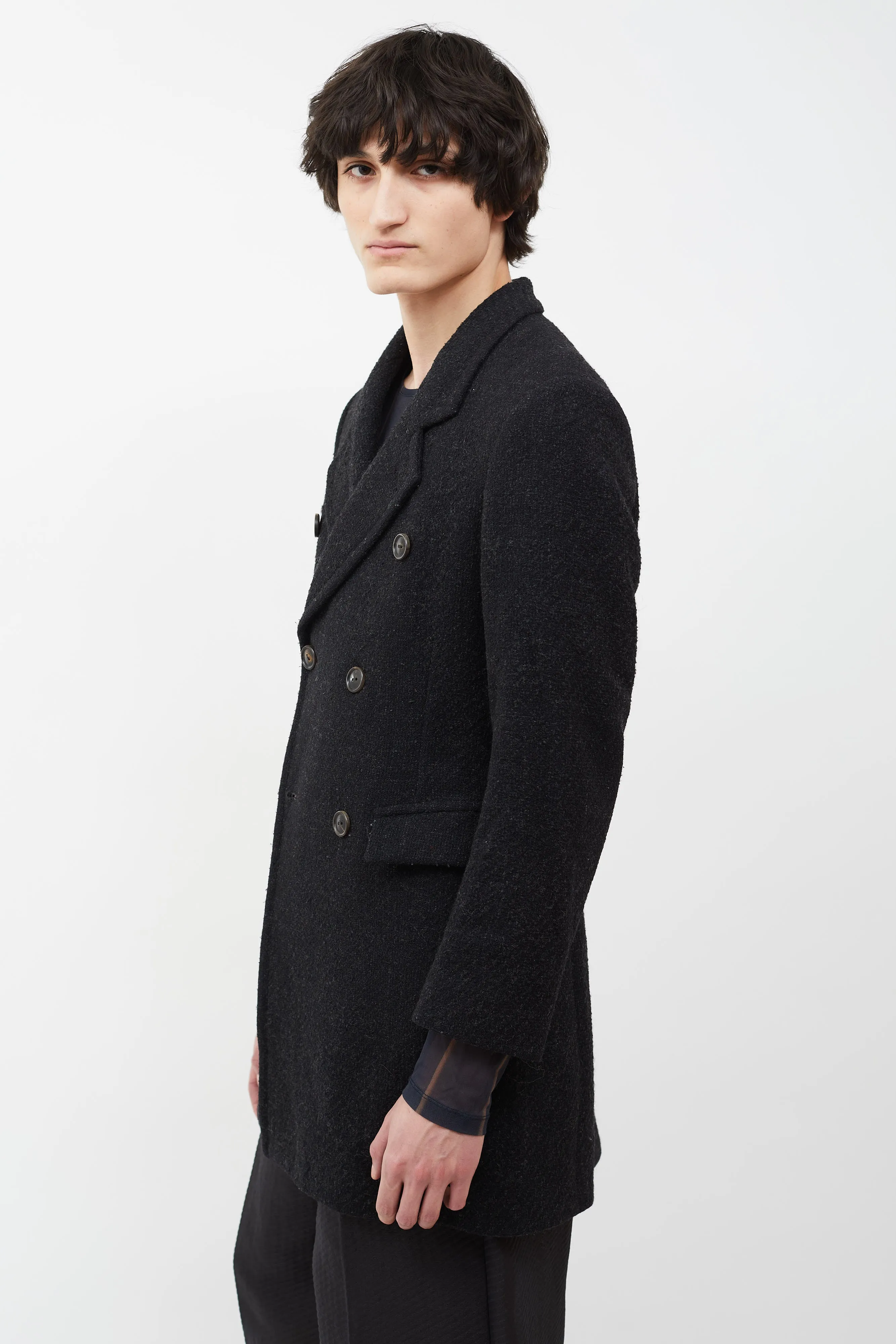 Dark Grey Wool Blend Double Breasted Coat