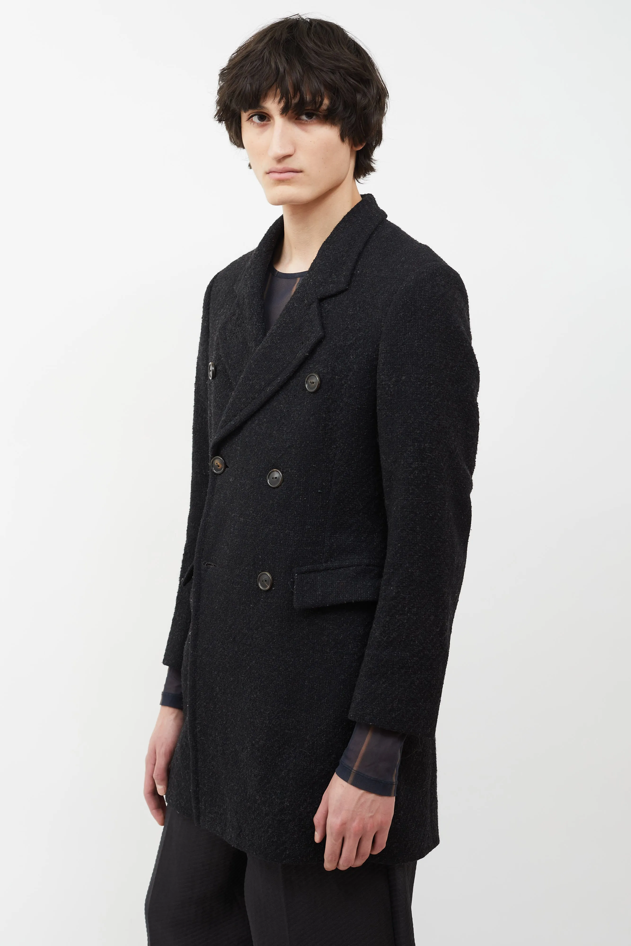 Dark Grey Wool Blend Double Breasted Coat