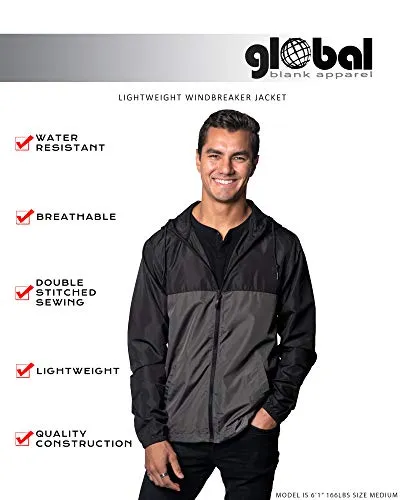 Global Blank Men’s Lightweight Windbreaker Winter Jacket Water Resistant Shell Black