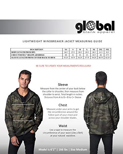 Global Blank Men’s Lightweight Windbreaker Winter Jacket Water Resistant Shell Black