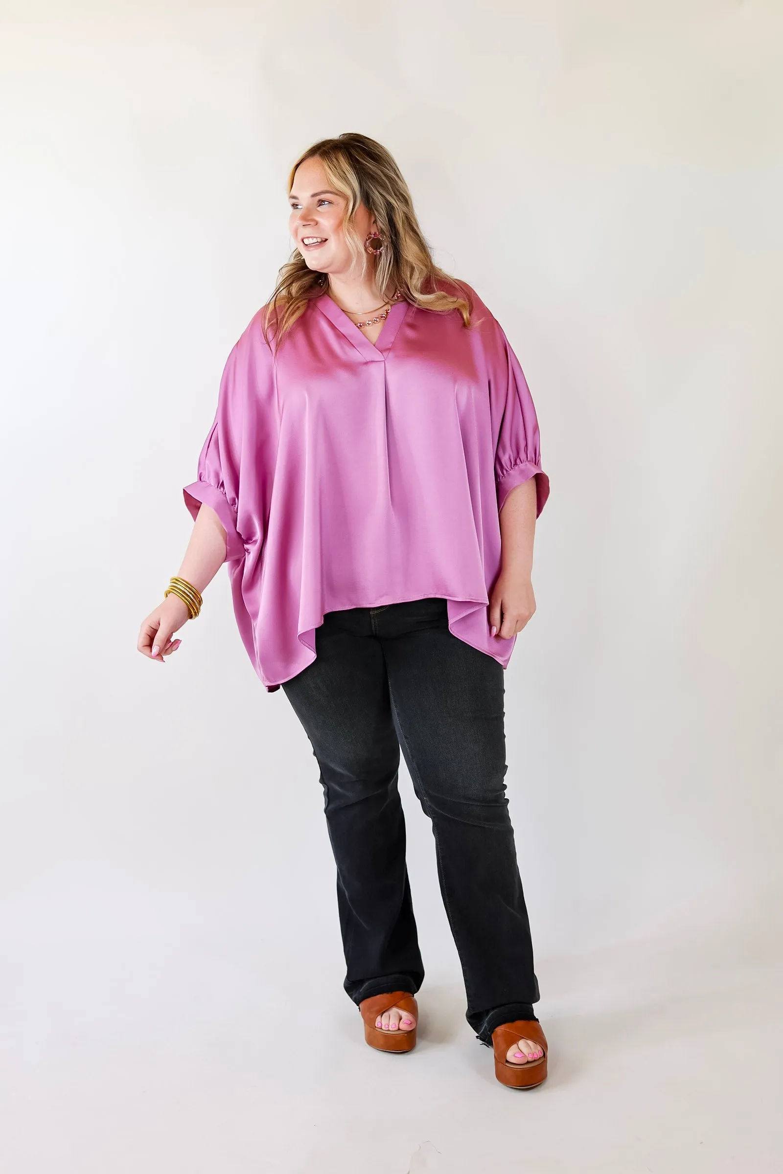 Irresistibly Chic Half Sleeve Oversized Blouse in Mauve Purple