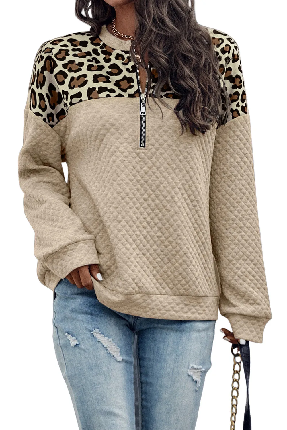 Leopard Colorblock Quilted Zip Sweatshirt