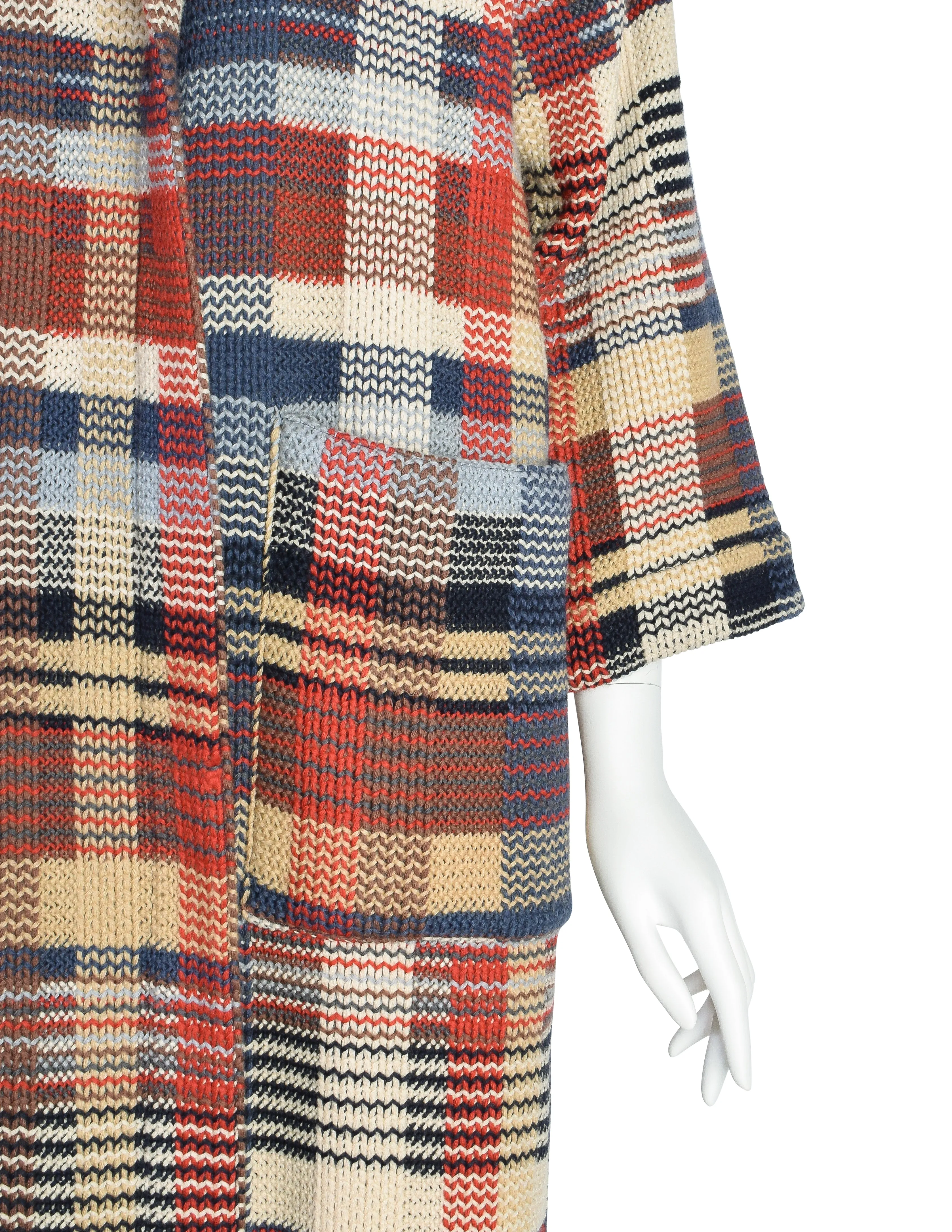Missoni Vintage 1980s Brown Beige Red Blue Plaid Knit Wool Duster Sweater Coat