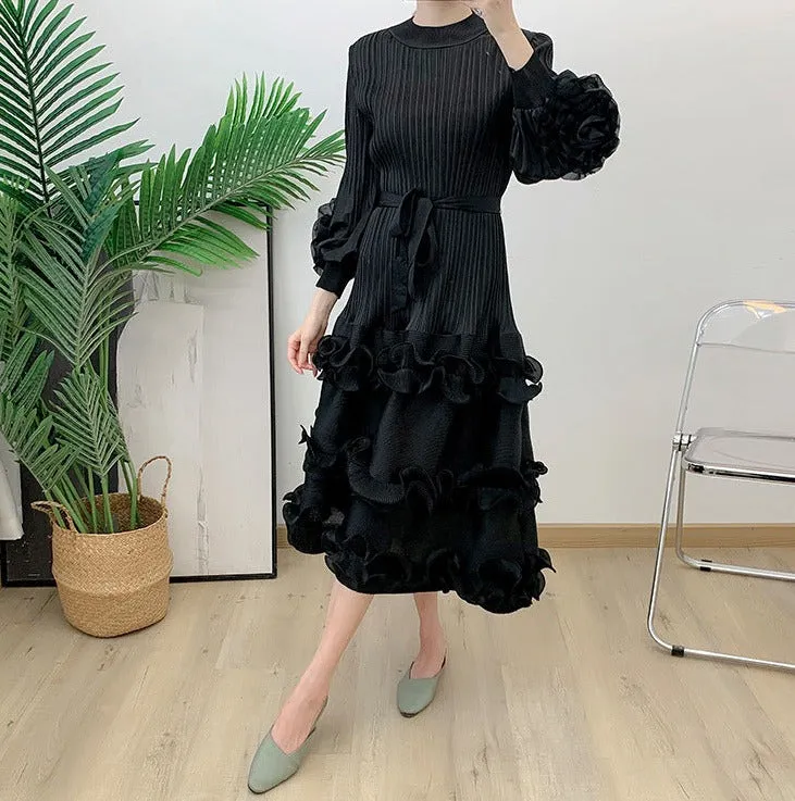Miyake Pleated Lace Up Midi Dress