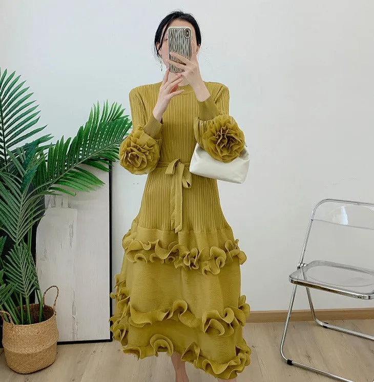 Miyake Pleated Lace Up Midi Dress