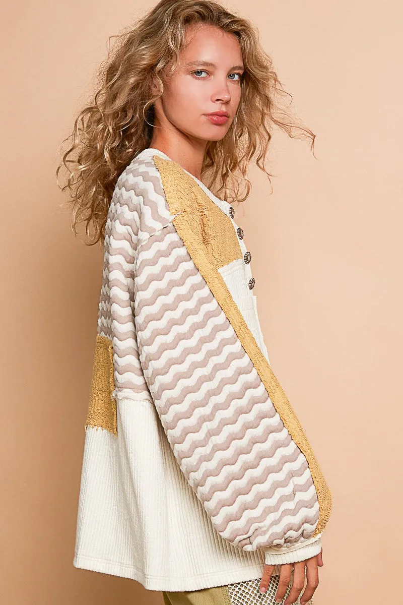POL OVERSIZED Ribbed Knit and Quilted Top in Cream Multi