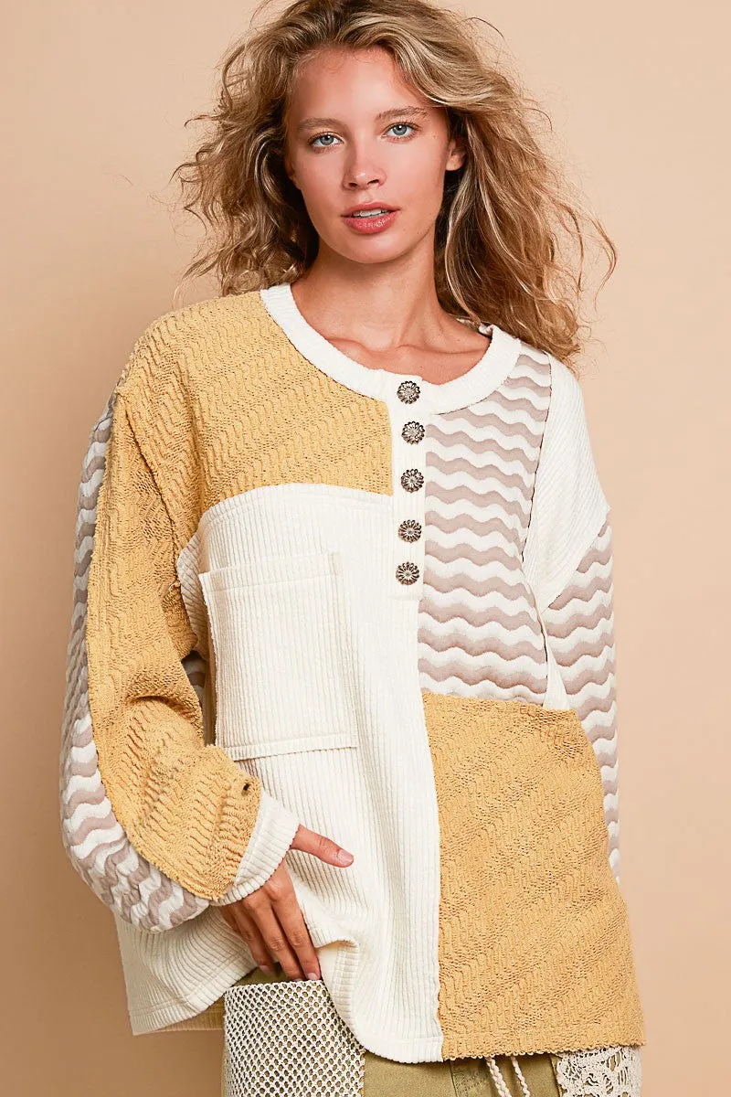 POL OVERSIZED Ribbed Knit and Quilted Top in Cream Multi