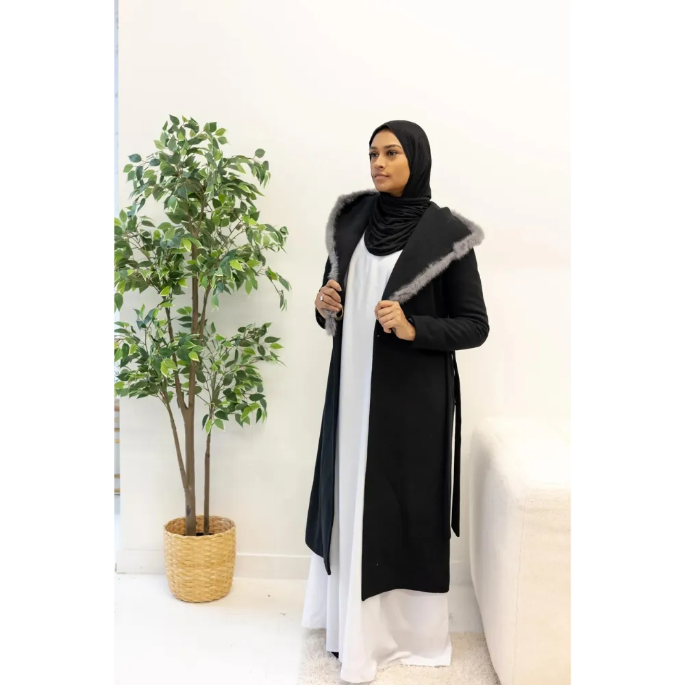 SALE Outerwear Faux Fur Lined Longline Belted Lapel Coat - Black