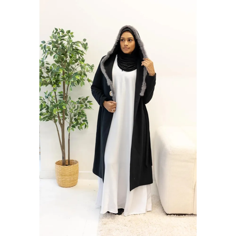 SALE Outerwear Faux Fur Lined Longline Belted Lapel Coat - Black