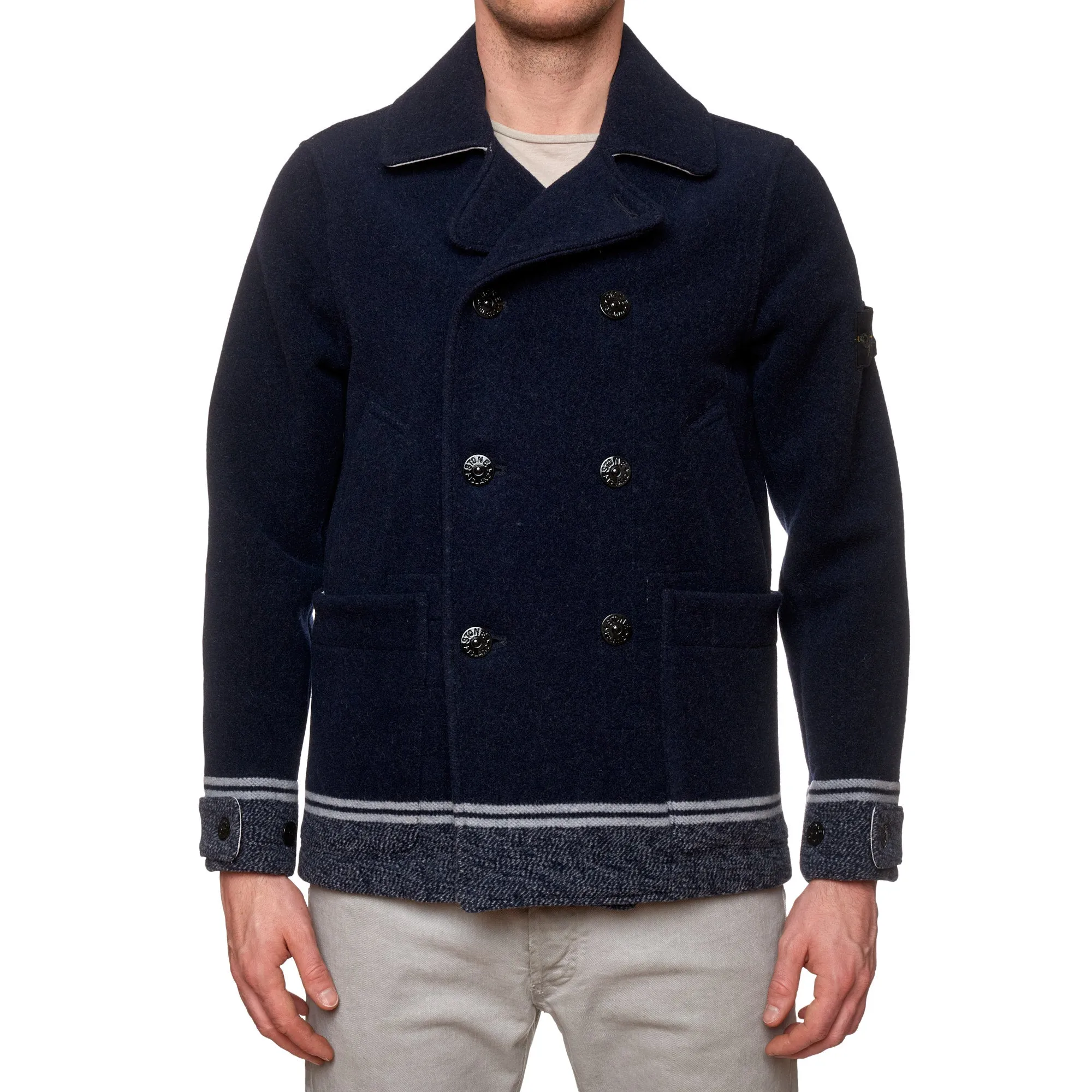 STONE ISLAND PANNO JACQUARD Navy Blue Wool Pea Coat NEW Logo Patch
