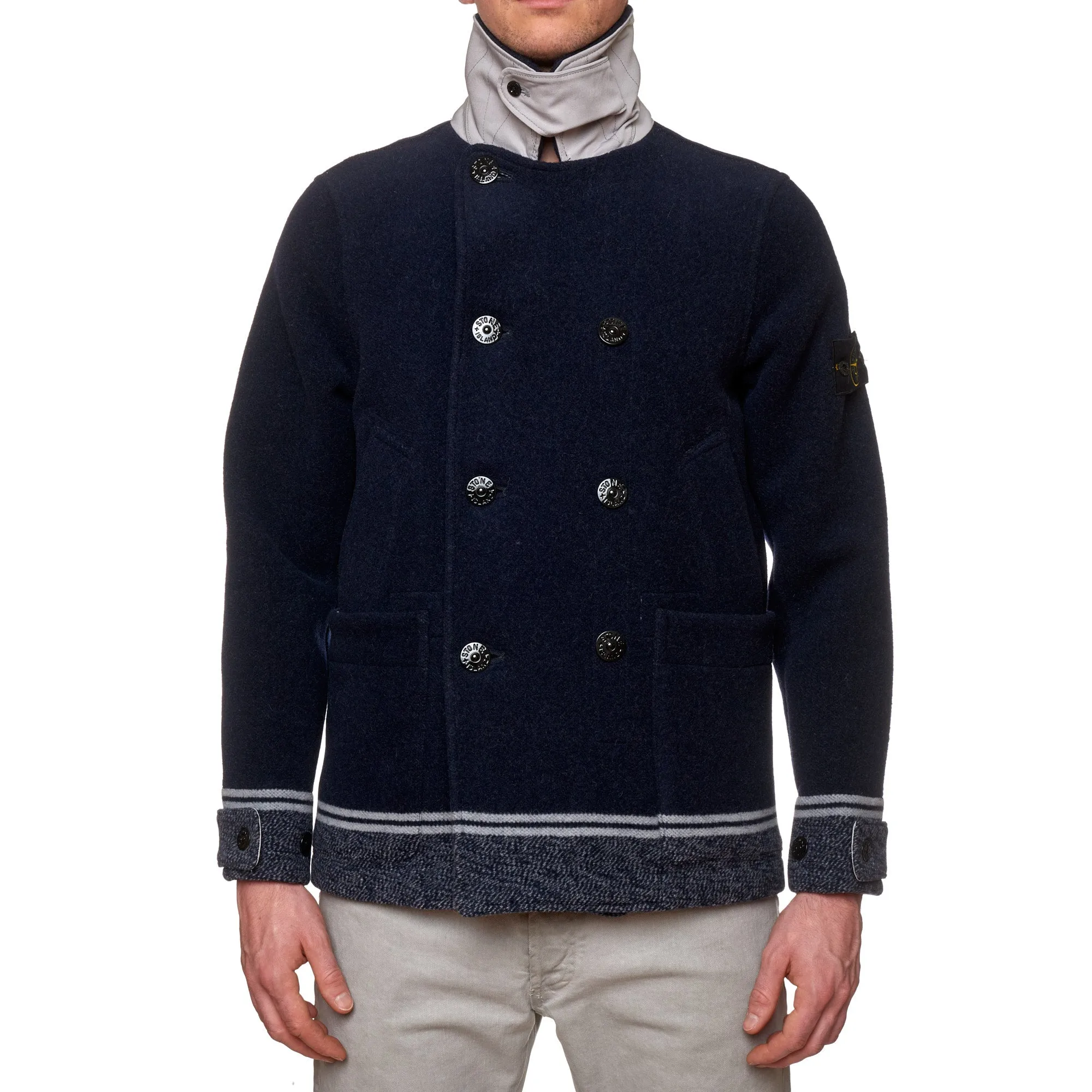 STONE ISLAND PANNO JACQUARD Navy Blue Wool Pea Coat NEW Logo Patch