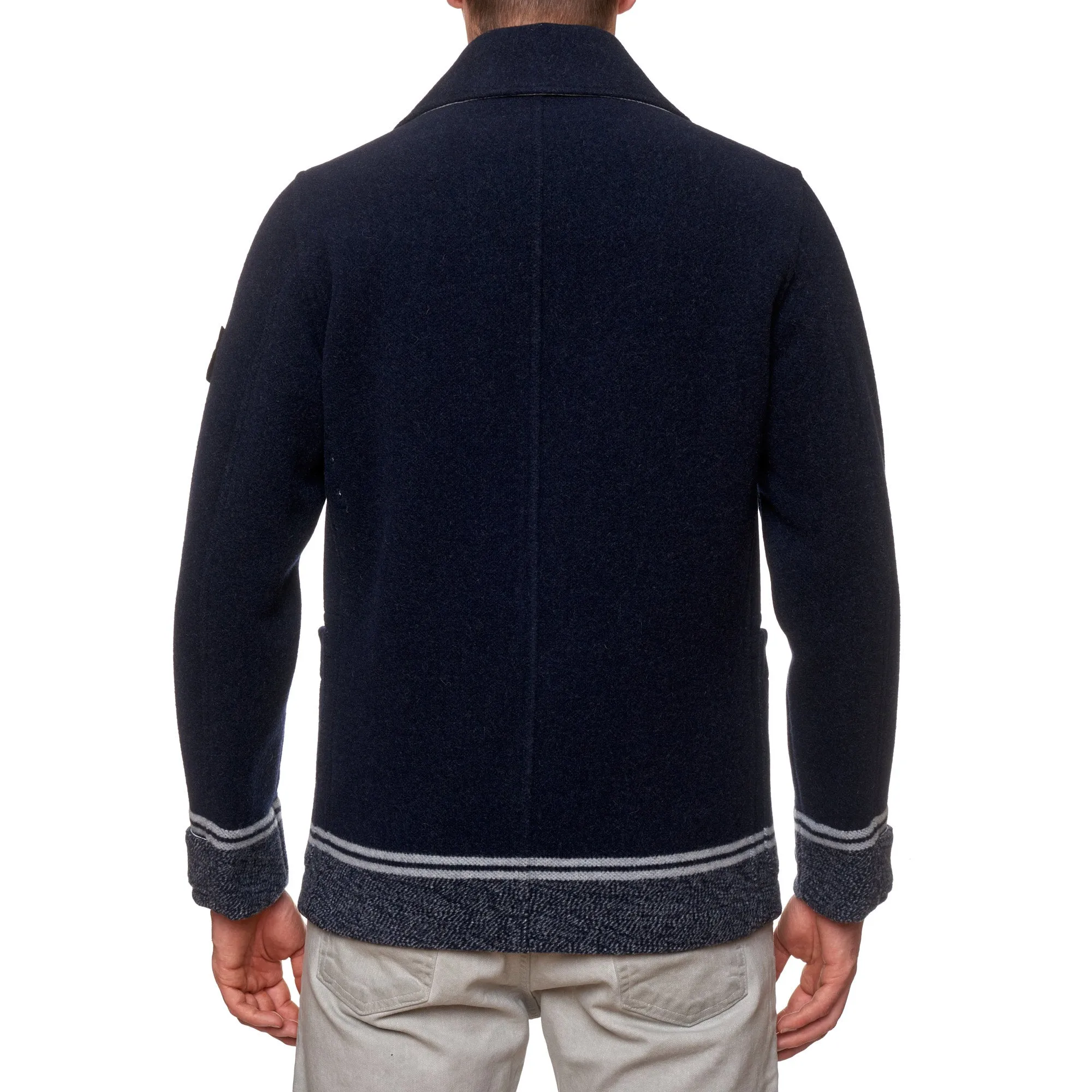 STONE ISLAND PANNO JACQUARD Navy Blue Wool Pea Coat NEW Logo Patch