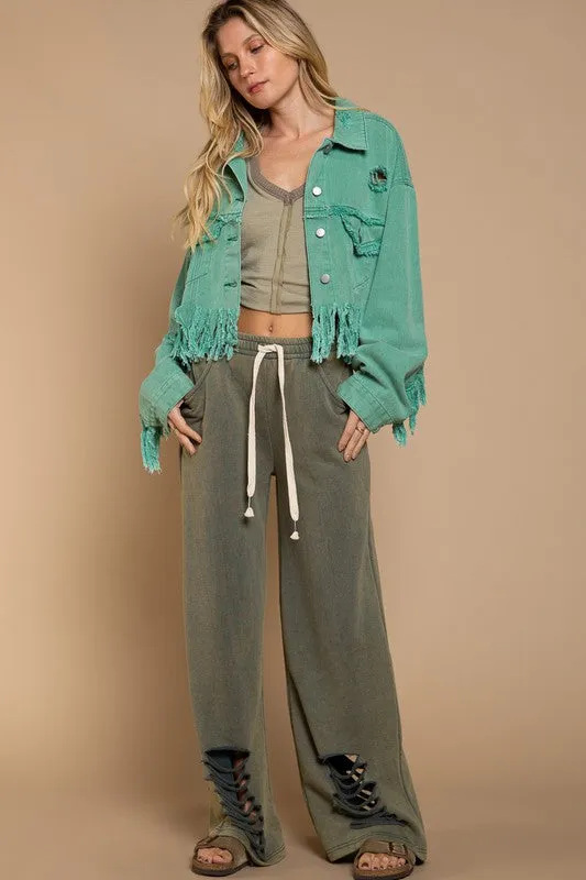 TEEK - Fringe Distressed Crop Denim Jacket