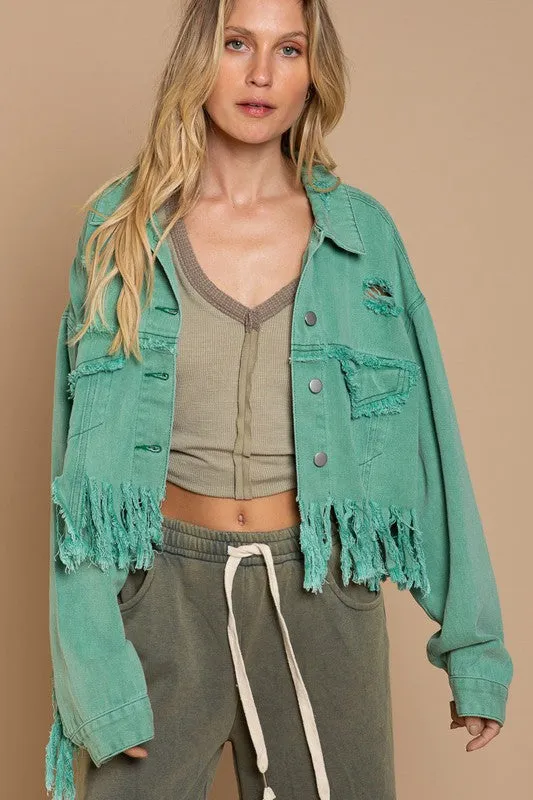 TEEK - Fringe Distressed Crop Denim Jacket
