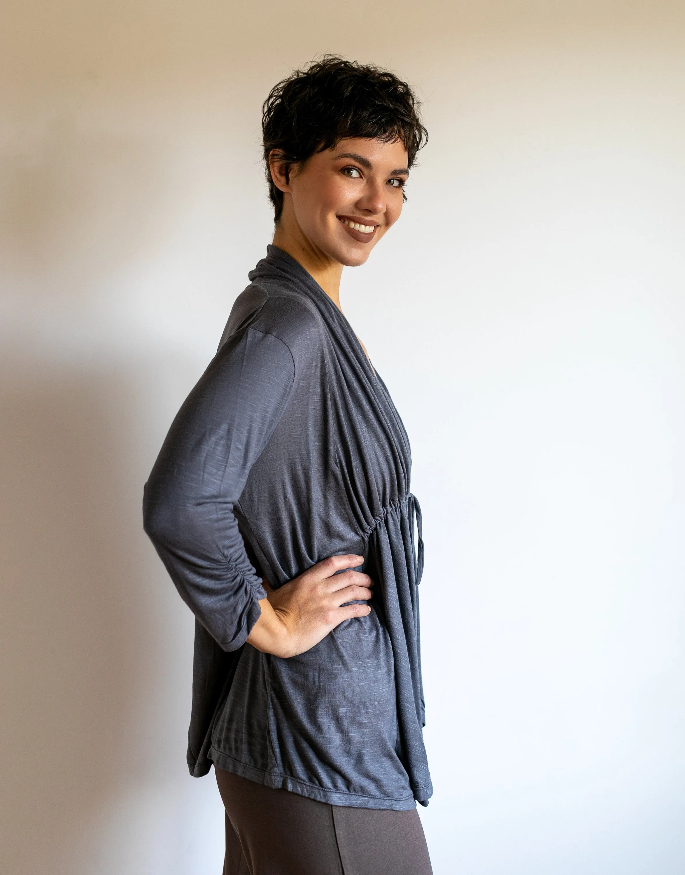 Tie in Front 3/4 Sleeve Blouse in Slate Grey