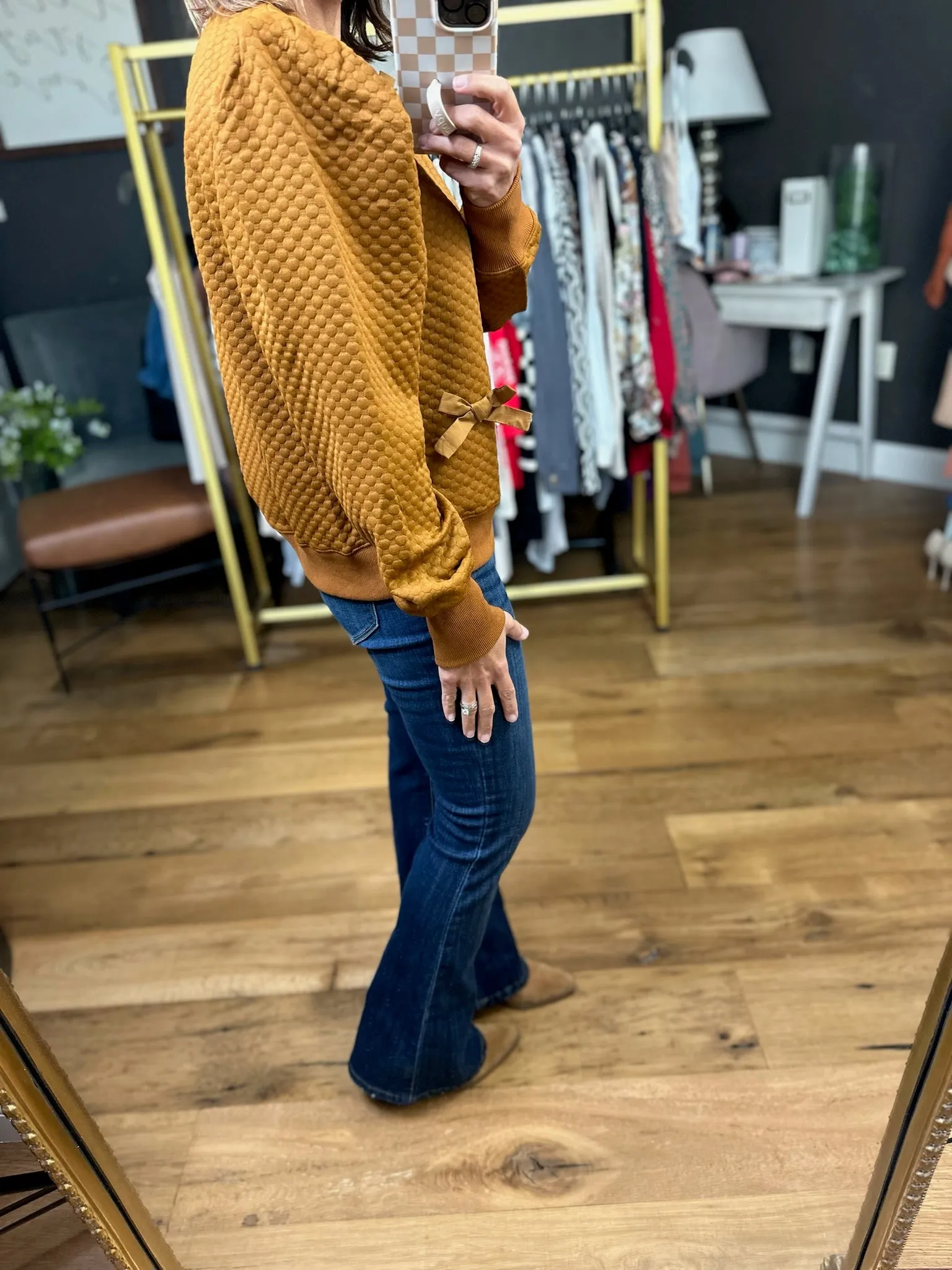 Tied Together Quilted Bow-Detail Crew Top - Toffee