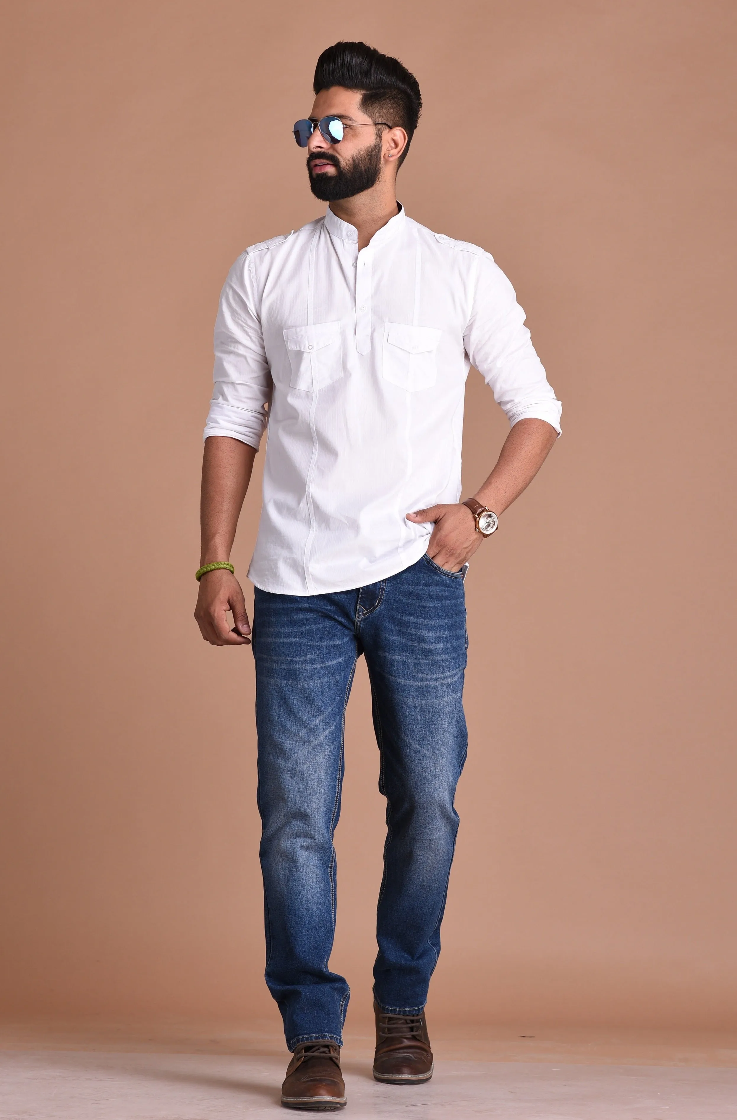 White Pure Cotton Fabric Hunting Style Short Kurta