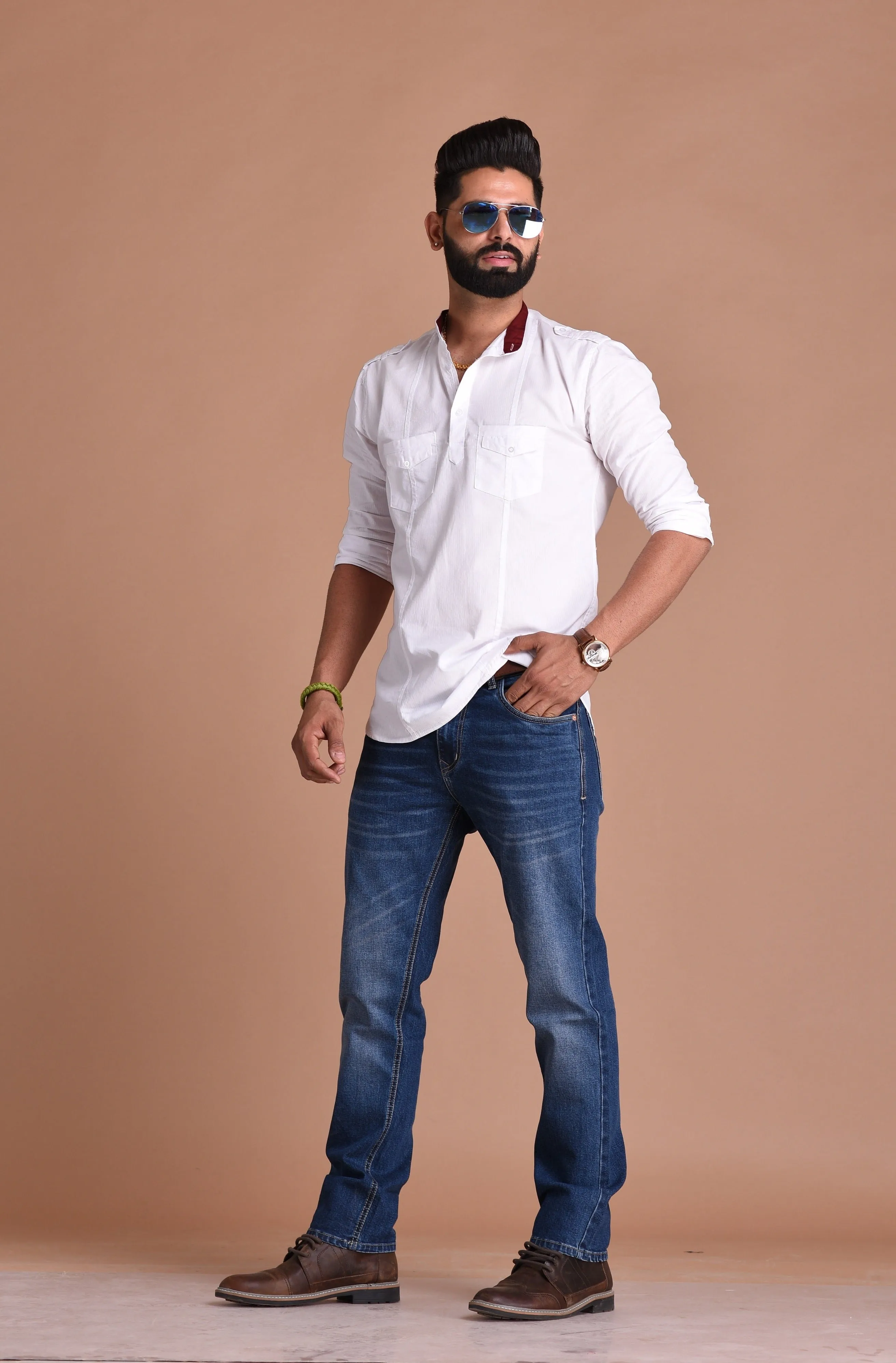 White Pure Cotton Fabric Hunting Style Short Kurta