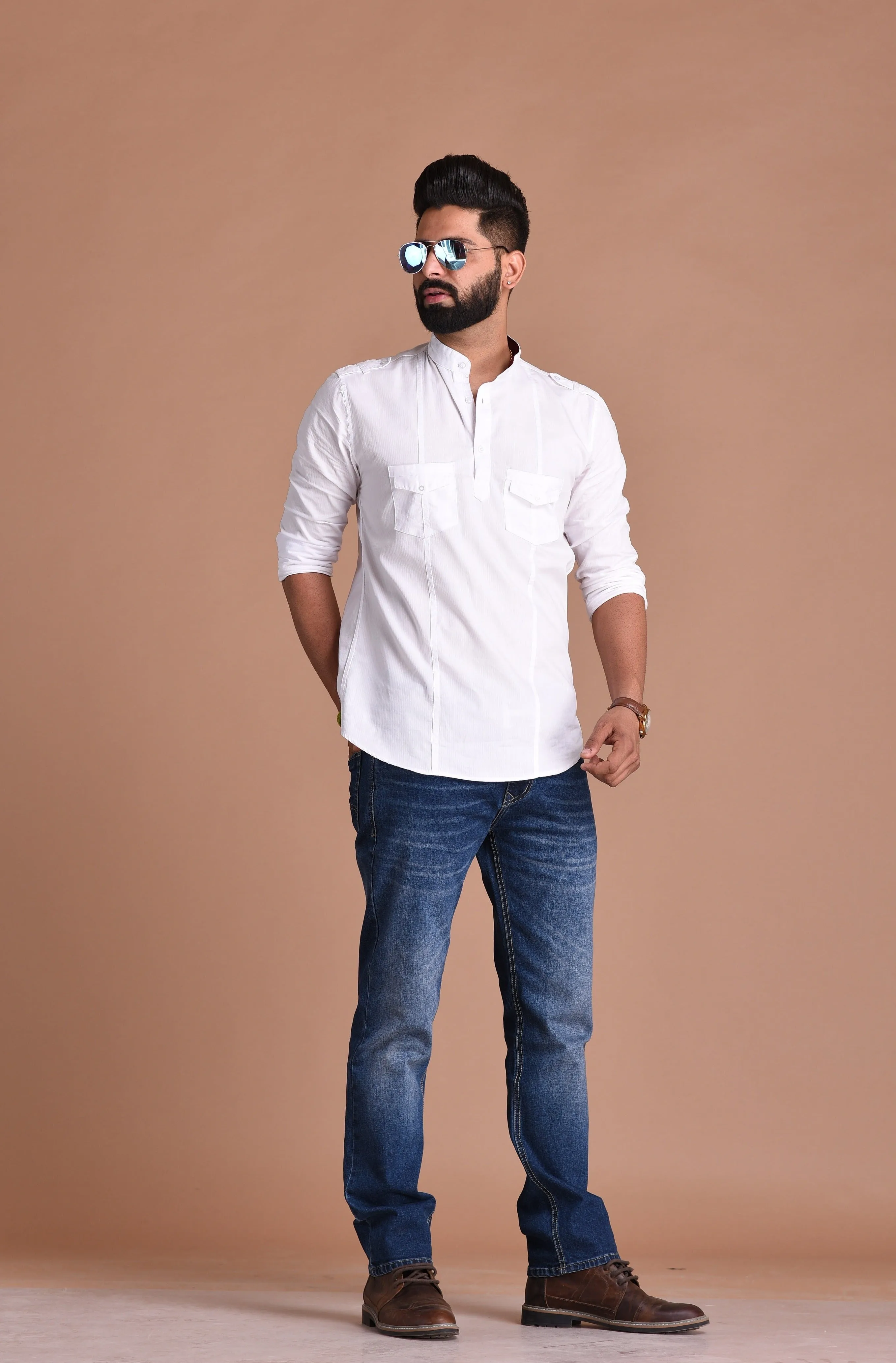 White Pure Cotton Fabric Hunting Style Short Kurta