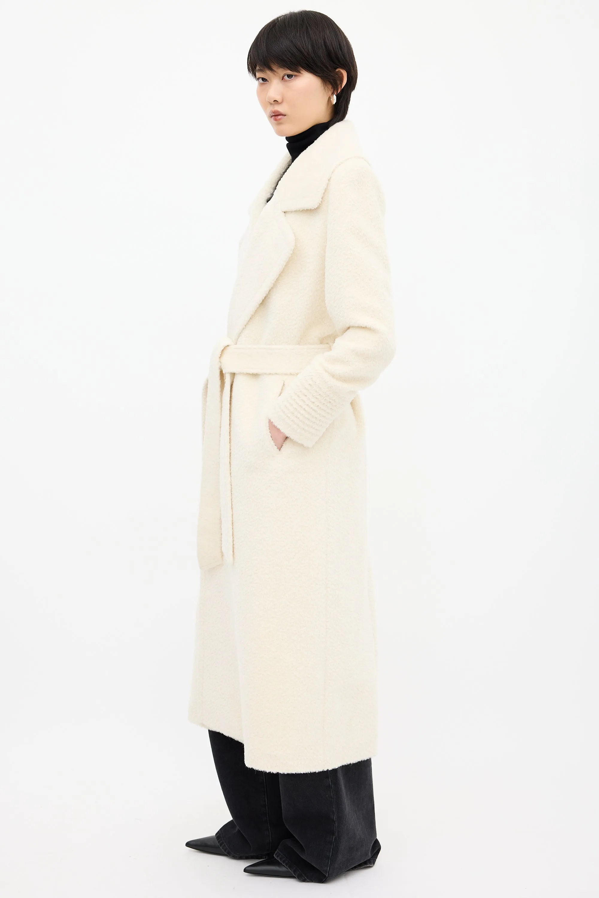 White Suri Wrap Belted Coat